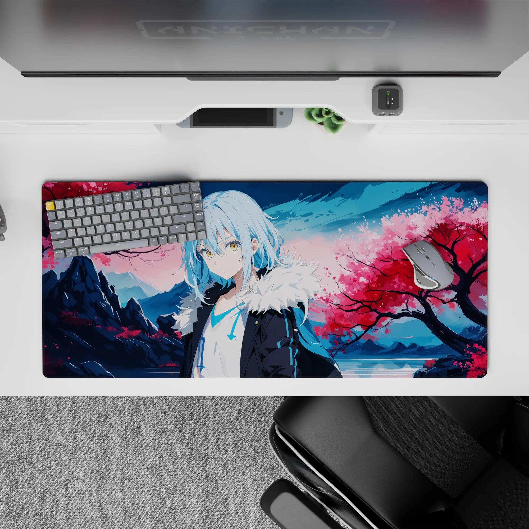 36x16 inches desk pad in dreamy pink and icy blue tones, calm and serene spring vibe.