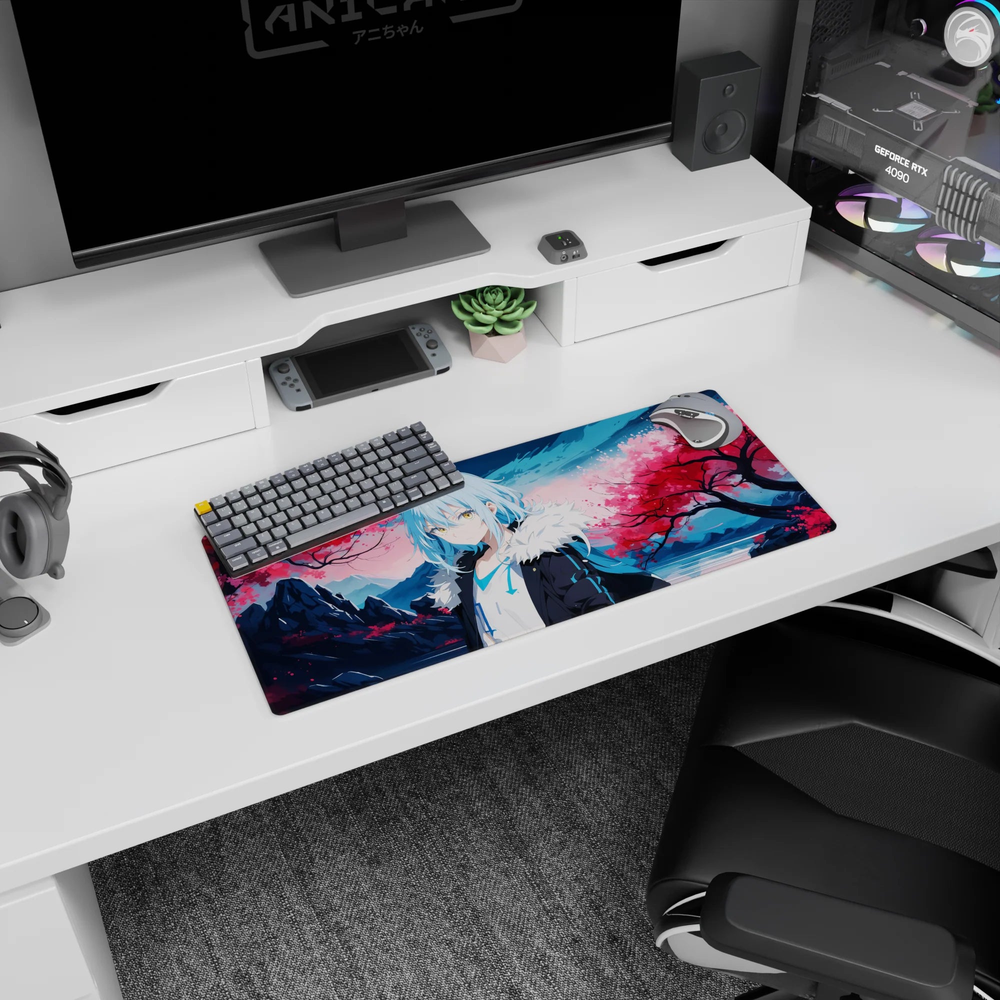 28x12 inches Rimuru Tempest mouse pad in black coat under falling sakura by icy lake.