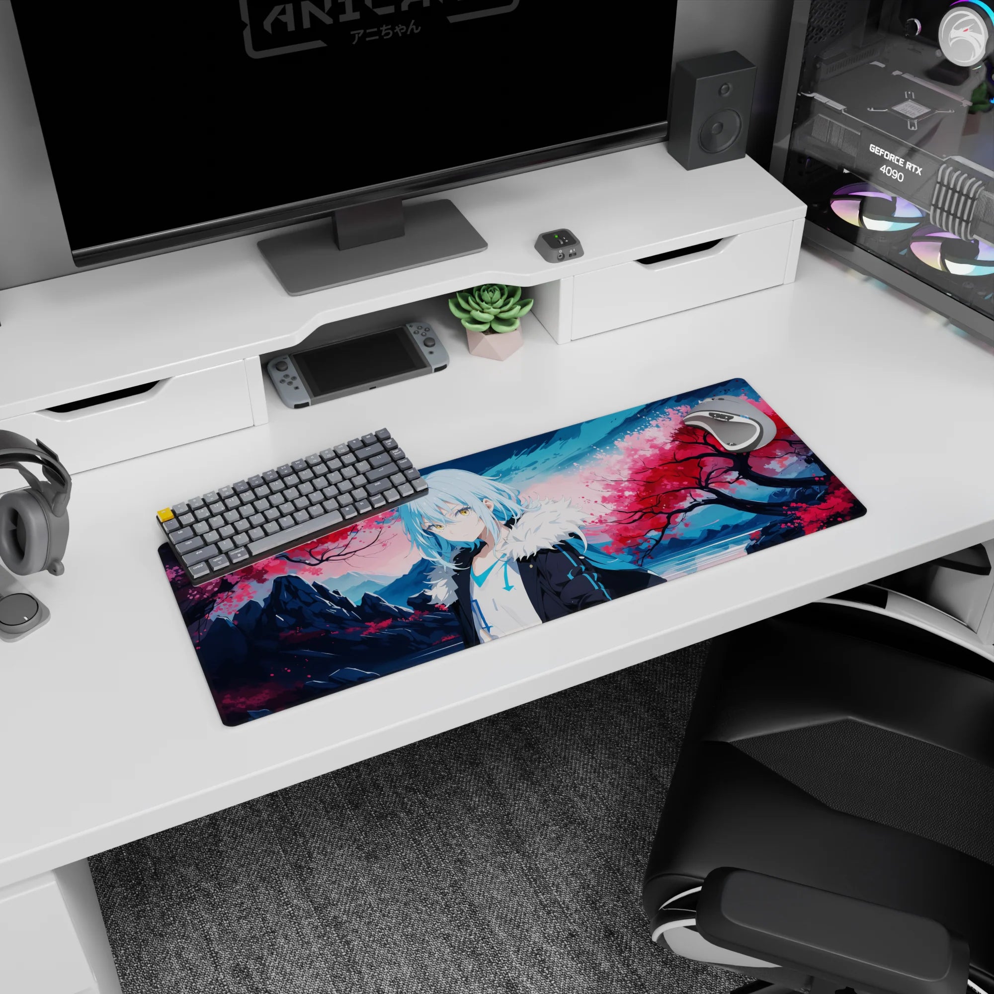 32x12 inches anime mouse pad featuring Rimuru Tempest in black coat by a lake under sakura.
