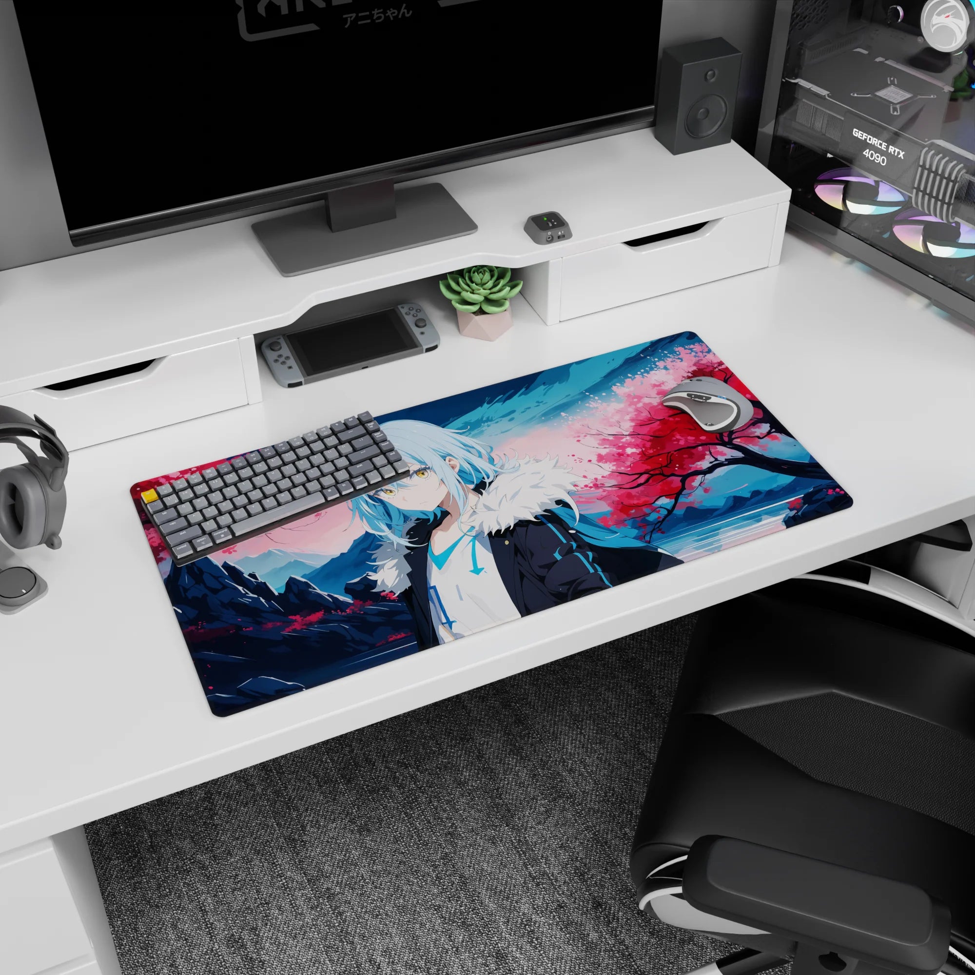 32x16 inches Rimuru Tempest anime mouse pad, blue hair in sakura petals, black coat with fur collar.