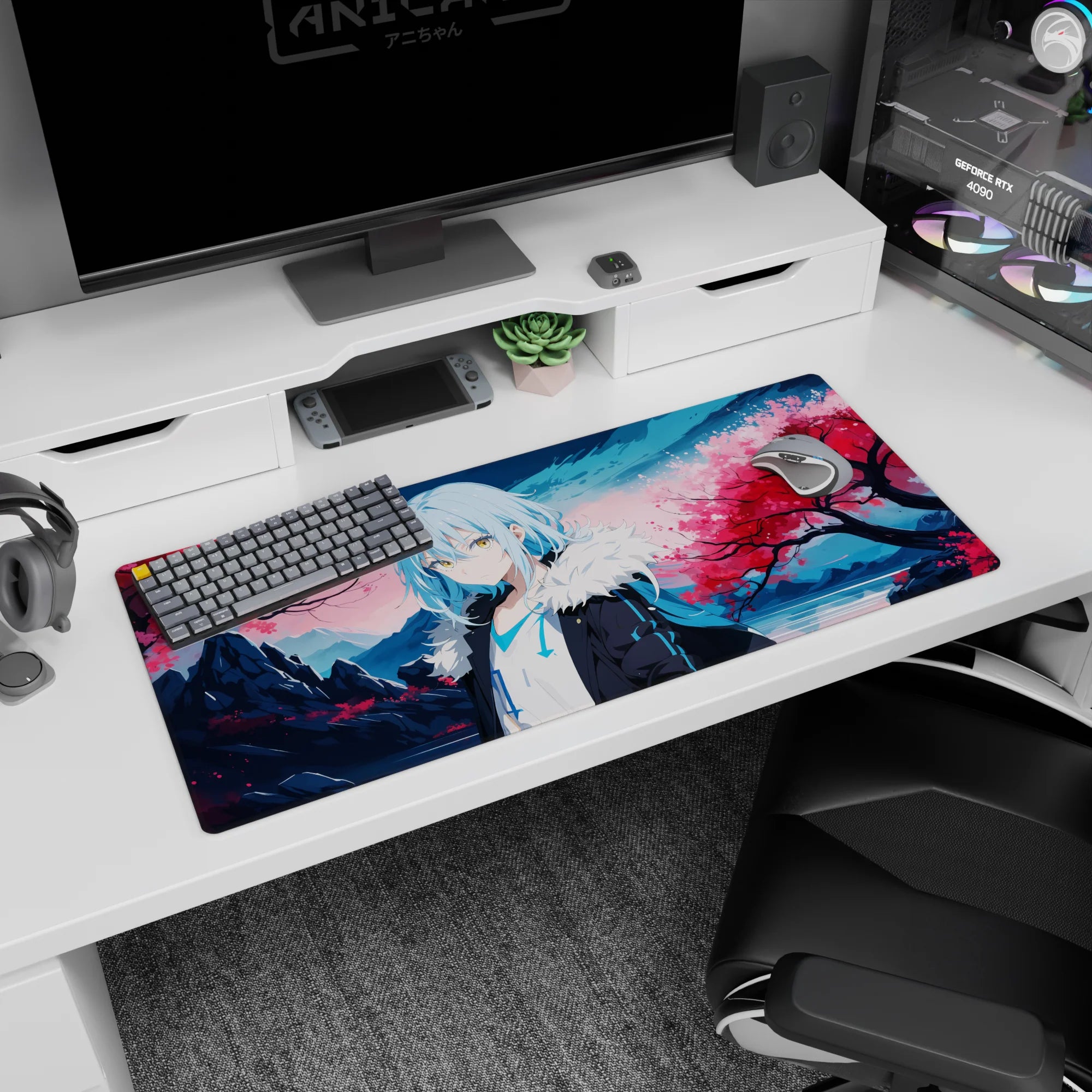 36x16 inches anime desk pad featuring Rimuru Tempest under pink sakura, black coat and fur collar.