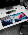 36x16 inches anime desk pad featuring Rimuru Tempest under pink sakura, black coat and fur collar.