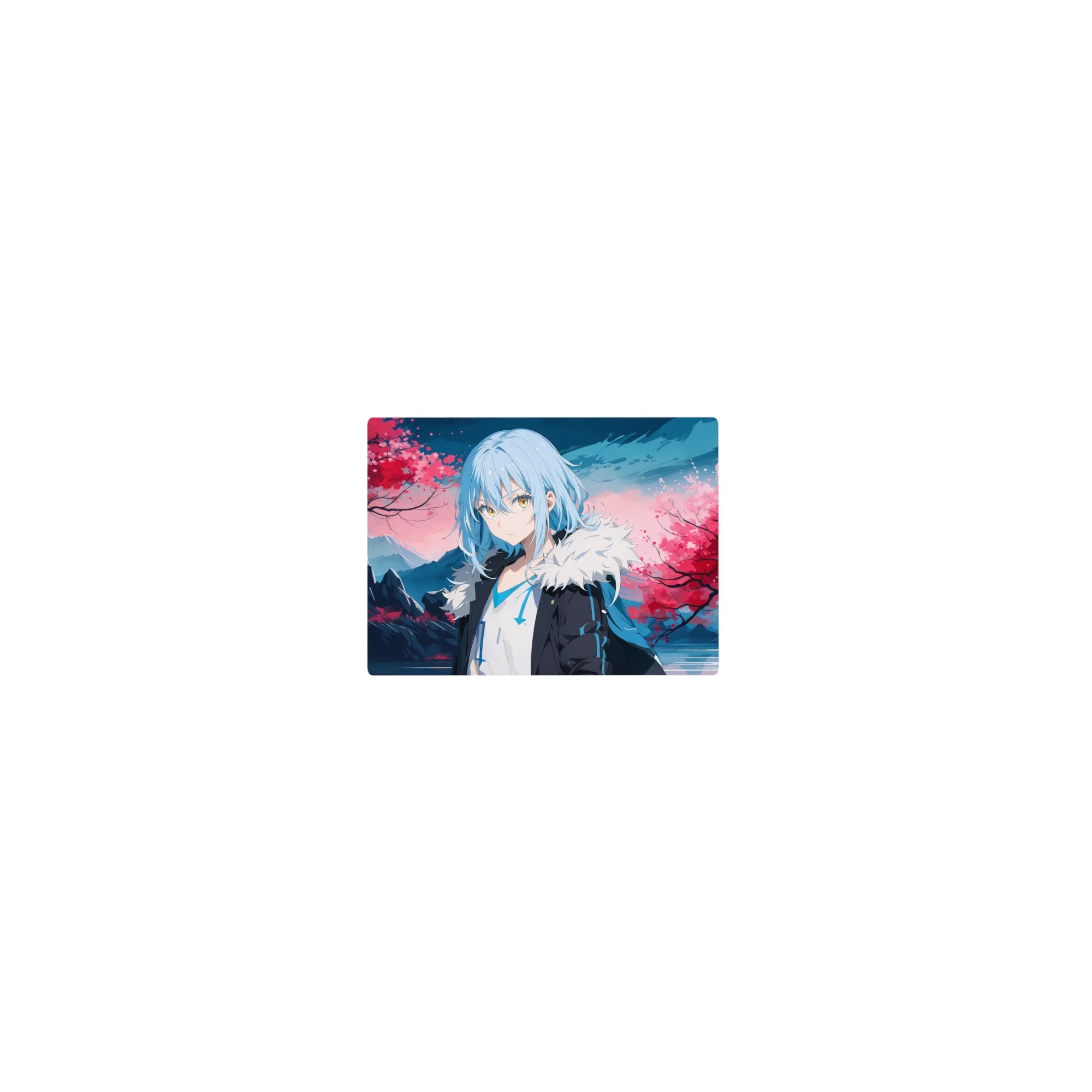 Classic anime mouse pad 14x10 inches with sakura blossoms, mountain lake backdrop, and crisp detail.
