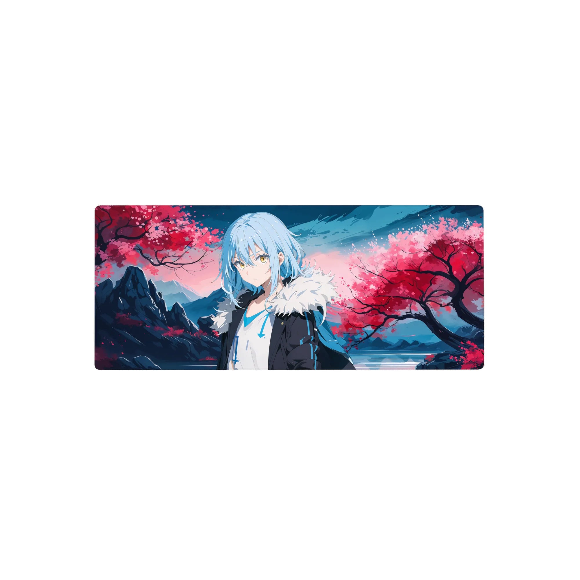 28x12 inches anime mouse pad with sakura storm, mountains, and glassy water backdrop.