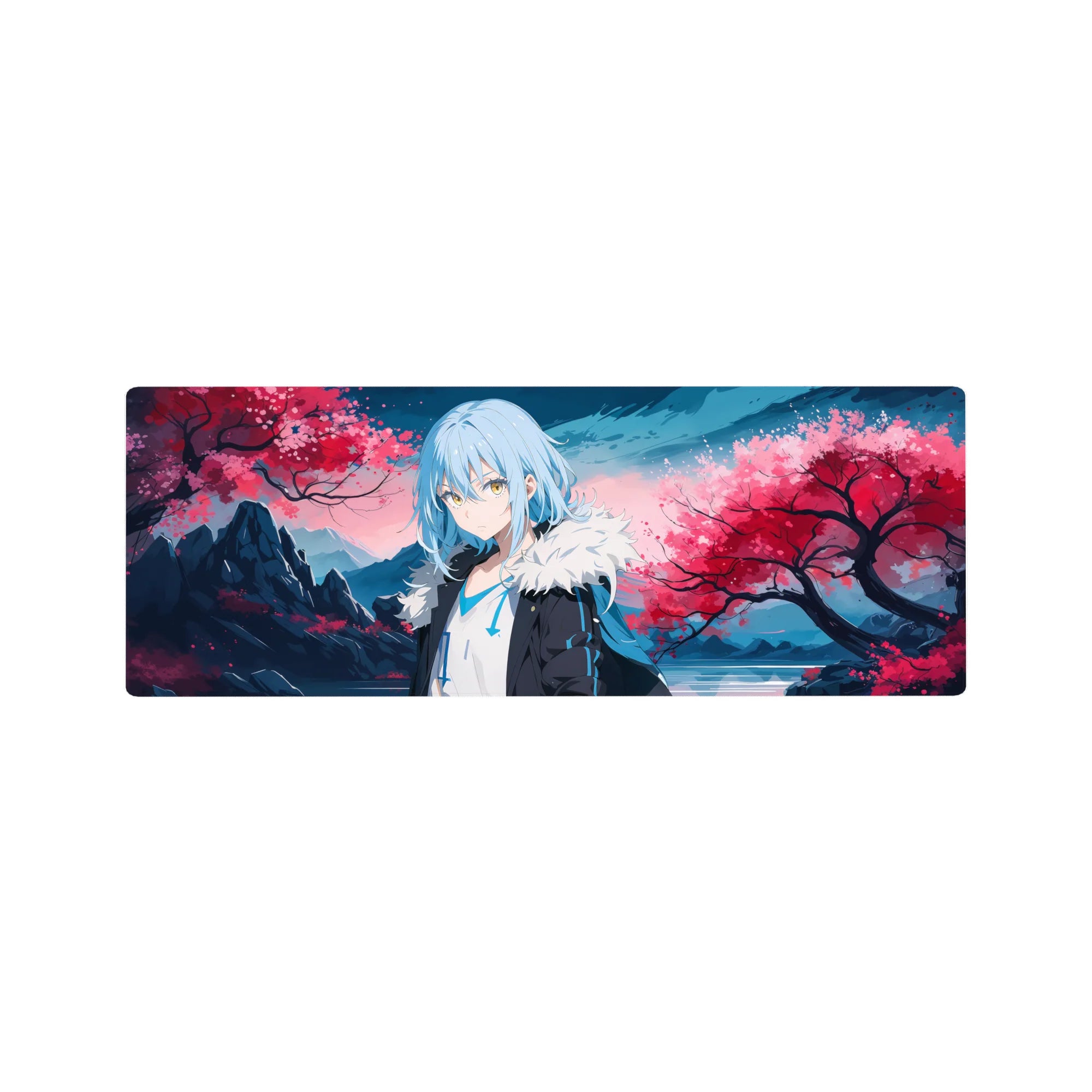 32x12 inches anime mouse pad with sakura storm, mountain ridges, and glassy lake backdrop.