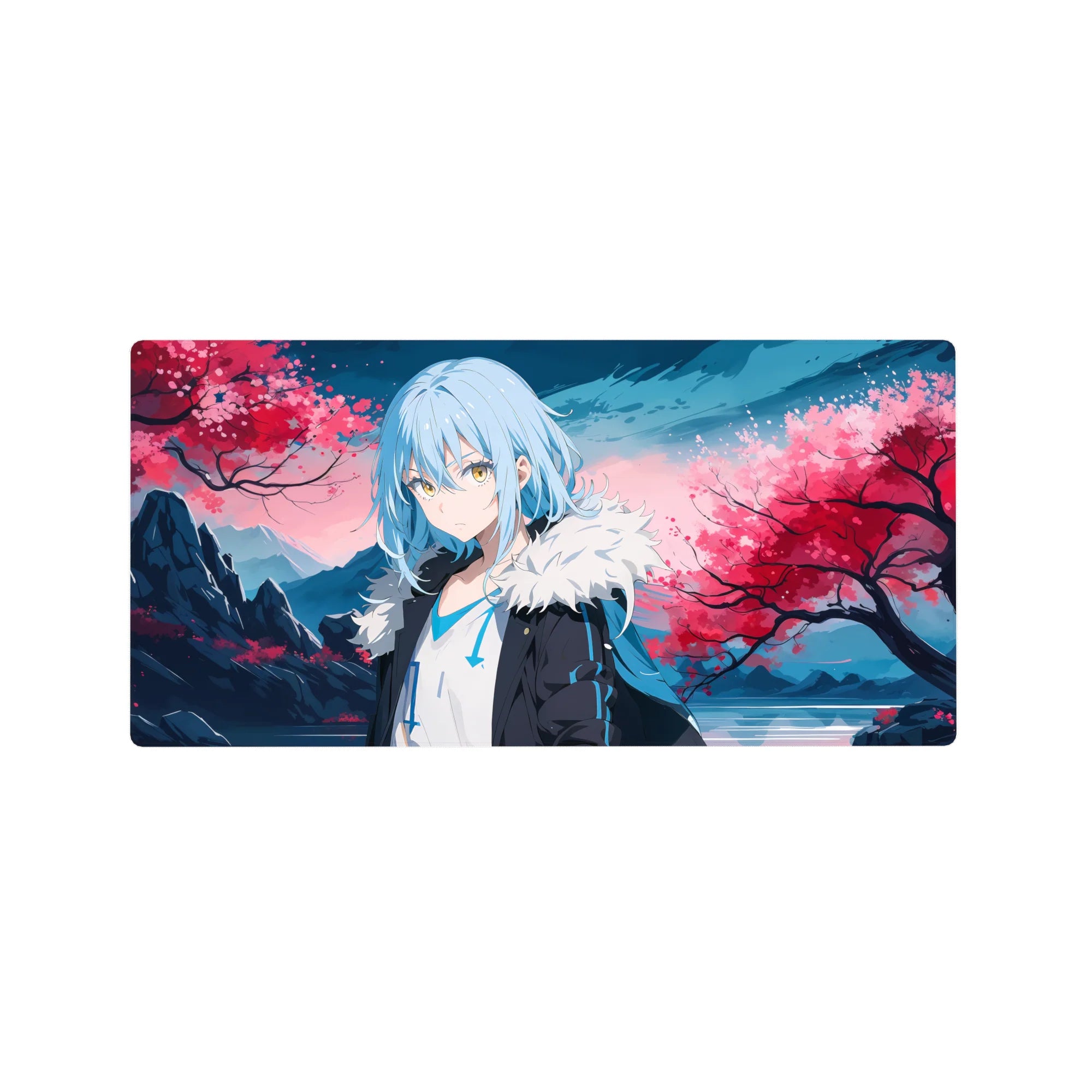 32x16 inches anime mouse pad with sakura storm, mountain ridges, glassy water, and crisp detail.