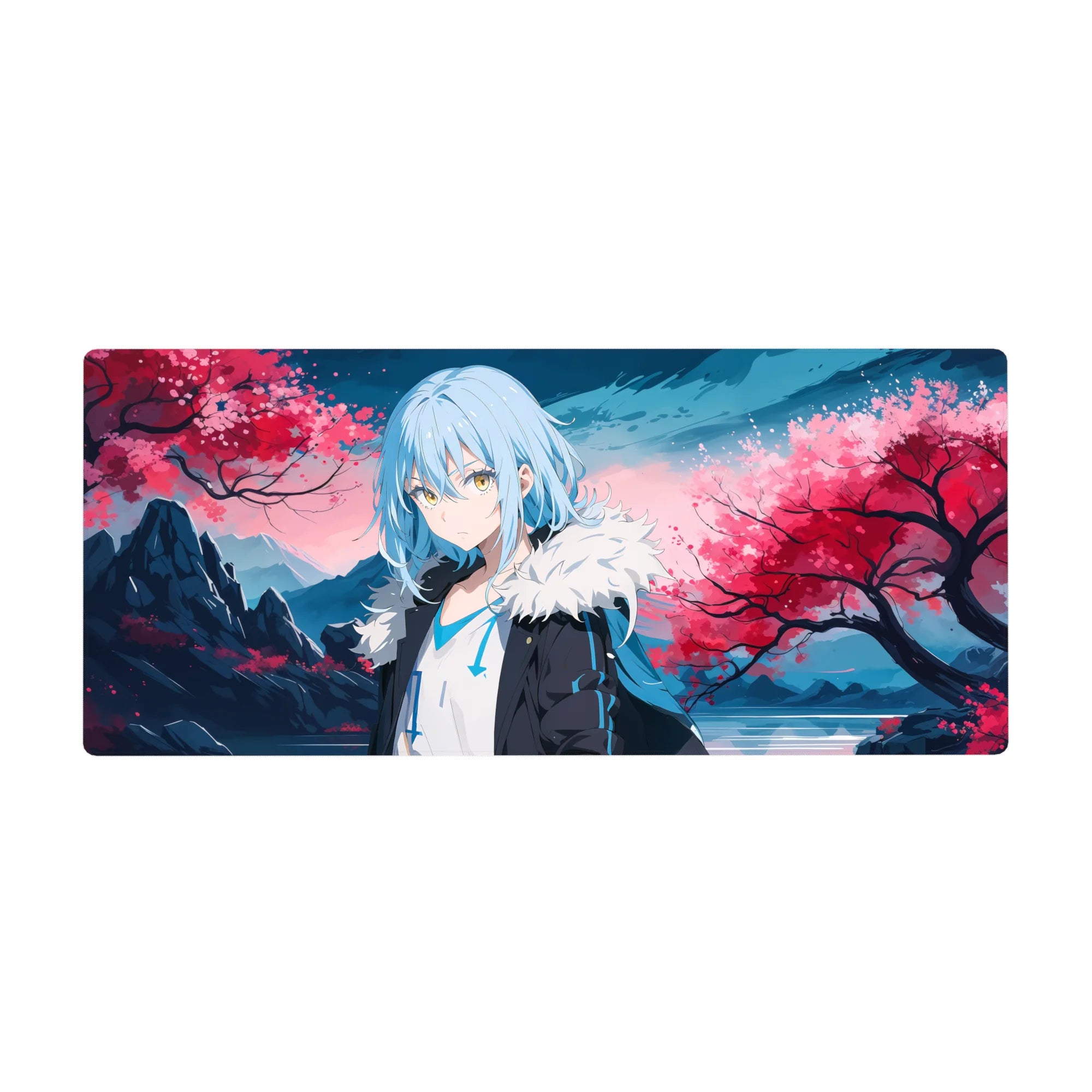 36x16 inches anime desk pad with sakura storm, mountain ridges, and glassy water backdrop.