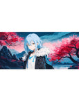36x16 inches anime desk pad with sakura storm, mountain ridges, and glassy water backdrop.