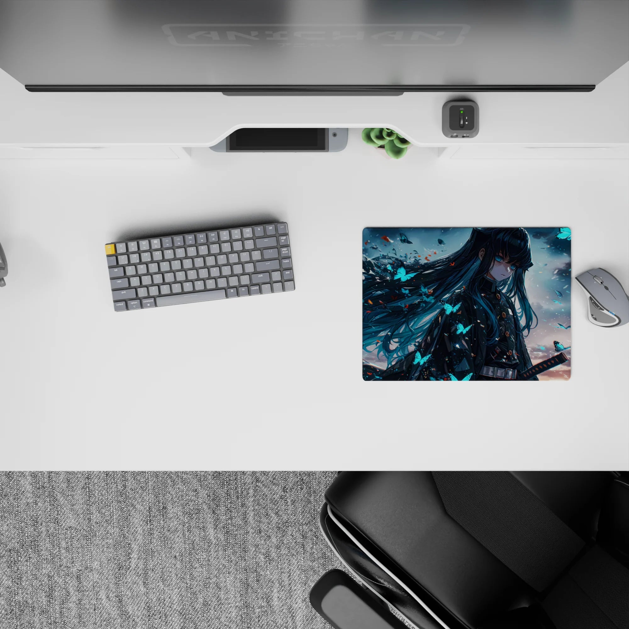 Anime mouse pad, 14x10 inches, featuring a mysterious Demon Slayer character with teal hair and glowing butterflies.
