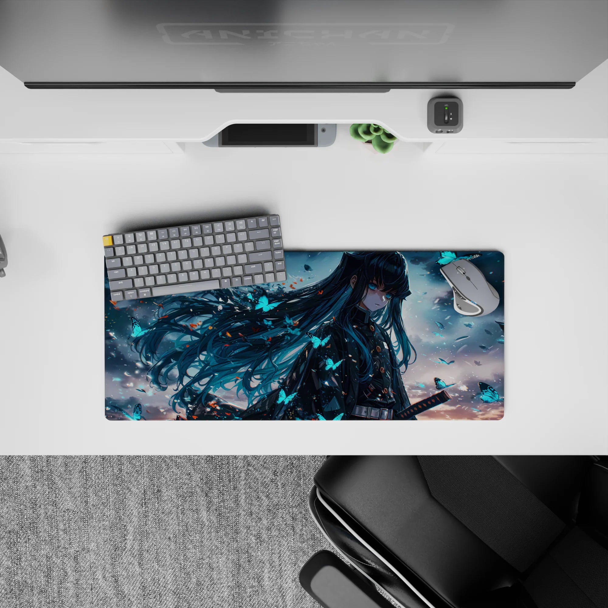 Anime mouse pad 28x12 inches featuring a mysterious character from Demon Slayer with teal hair and glowing butterflies.