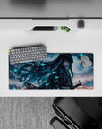 Anime mouse pad 28x12 inches featuring a mysterious character from Demon Slayer with teal hair and glowing butterflies.
