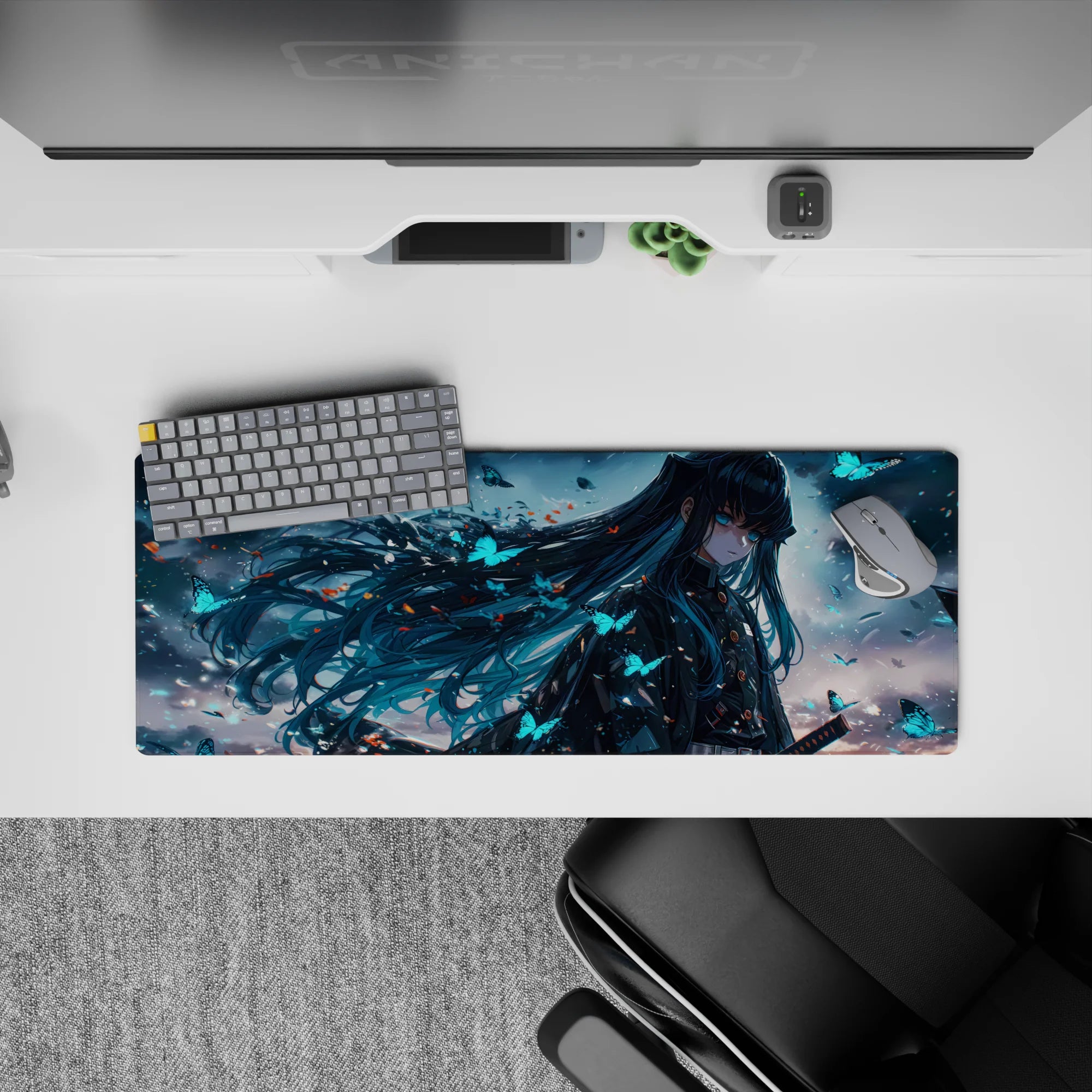 Anime mouse pad featuring Demon Slayer character with teal hair, glowing butterflies, and stormy skies, size 32x12 inches.