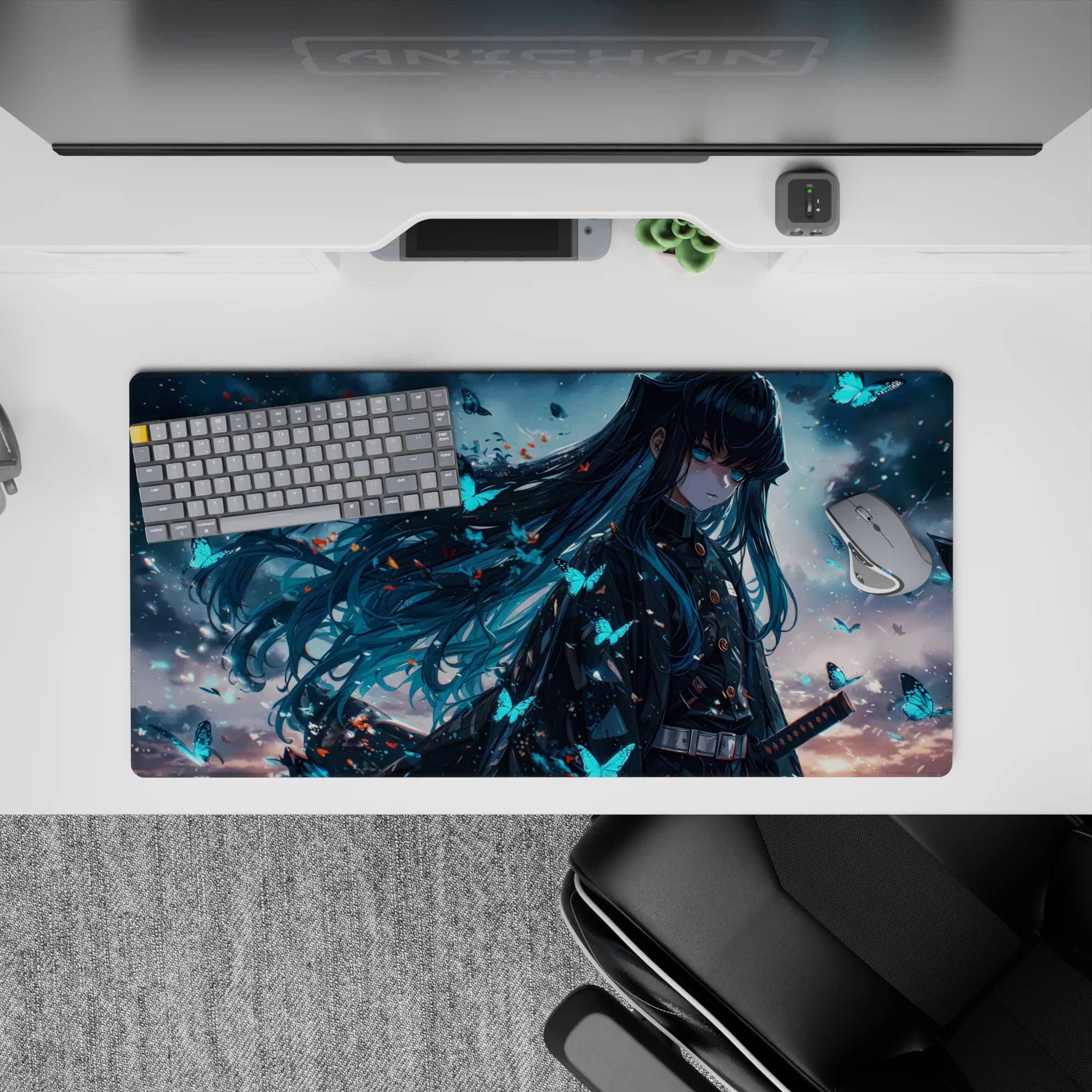 Anime mouse pad, 32x16 inches, featuring a mysterious character from Demon Slayer with teal and midnight hair, glowing butterflies.