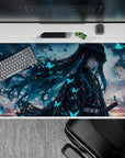 Anime mouse pad 40x20 inches featuring moody Demon Slayer character with teal hair and glowing butterflies in stormy skies.