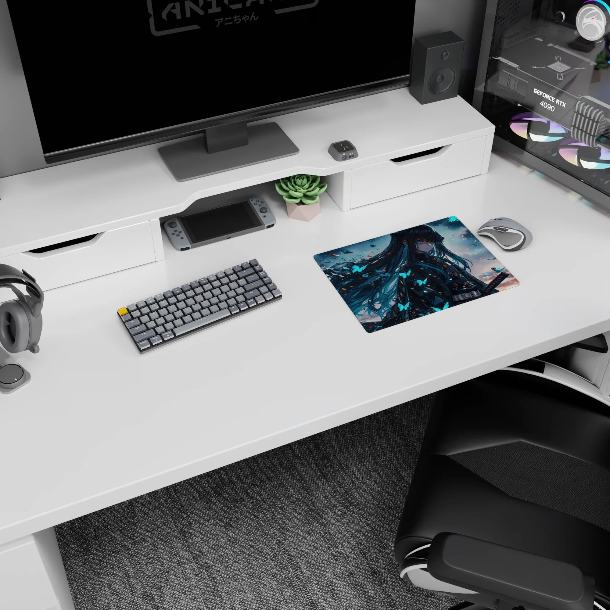 Anime mouse pad 14x10 inches featuring moody character with teal hair from Demon Slayer, surrounded by glowing butterflies.