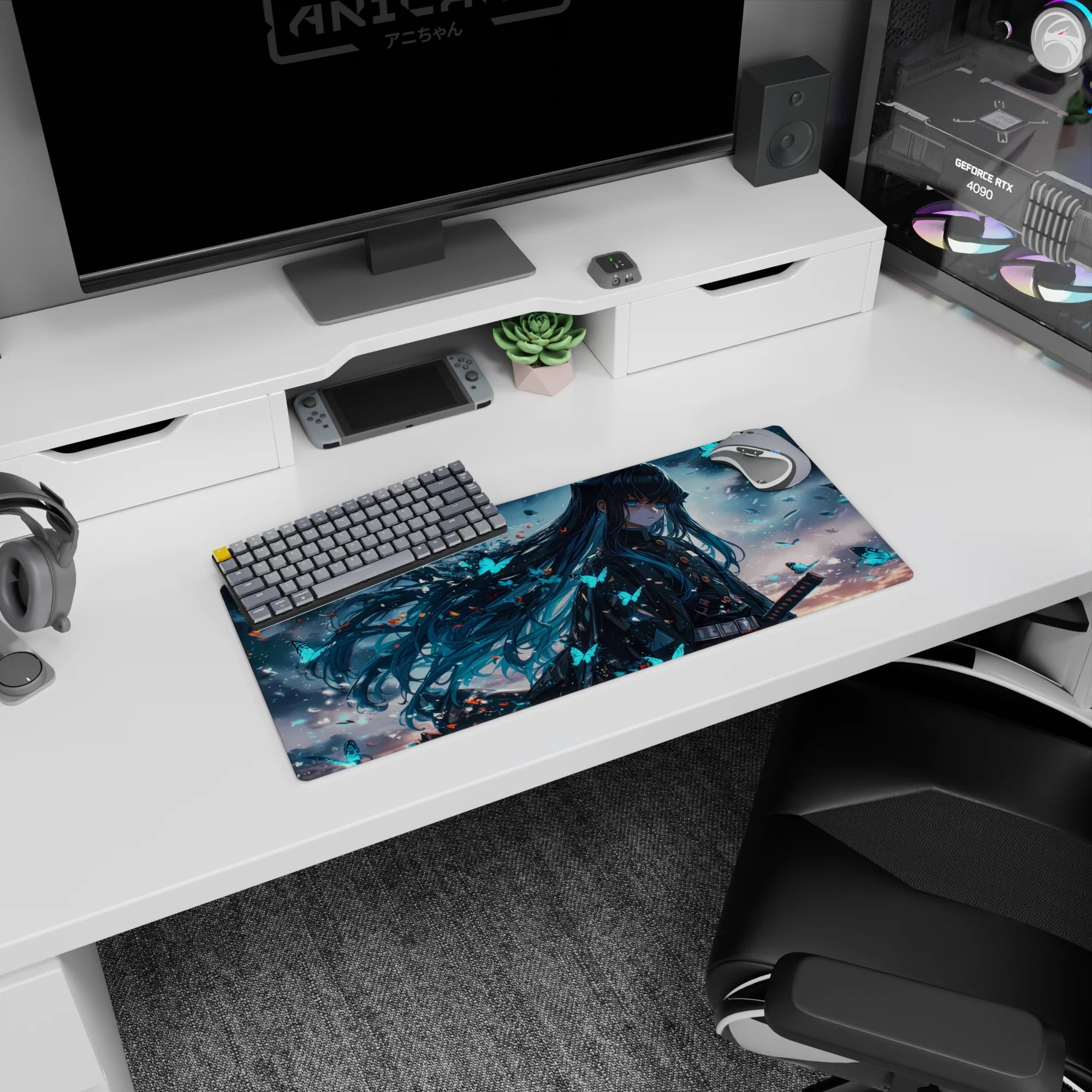 Anime mouse pad 28x12 inches featuring stormy skies, piercing eyes, and glowing butterflies, perfect for Demon Slayer fans.