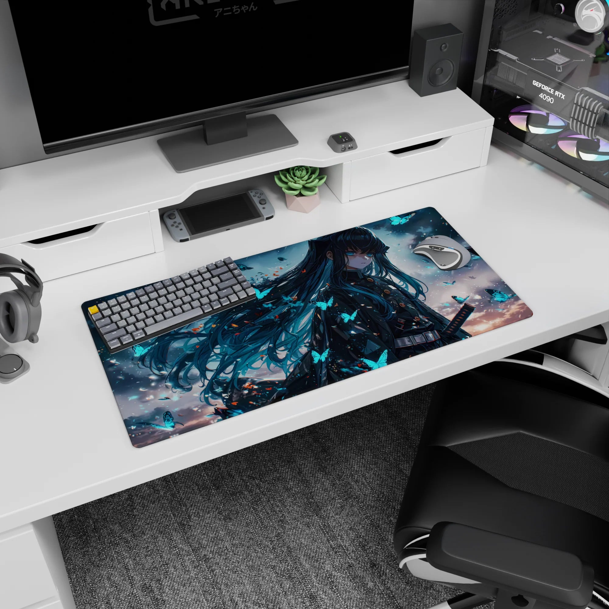 Anime mouse pad 32x16 inches featuring a mysterious Demon Slayer character with teal hair and glowing butterflies.