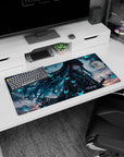 Anime mouse pad 32x16 inches featuring a mysterious Demon Slayer character with teal hair and glowing butterflies.