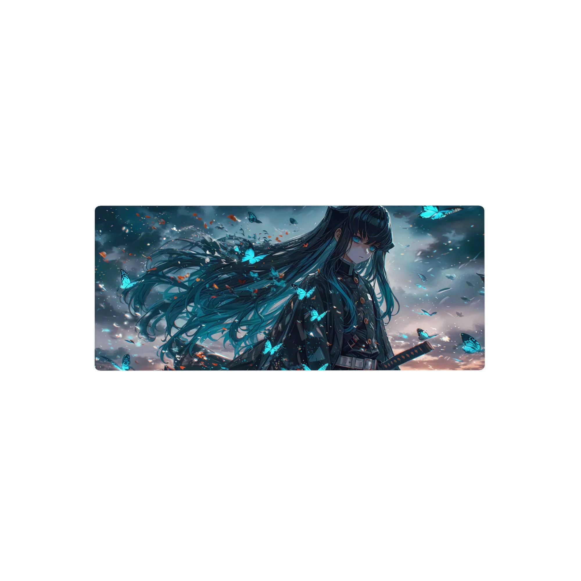 Anime mouse pad 28x12 inches featuring mysterious character from Demon Slayer with teal hair and glowing butterflies.