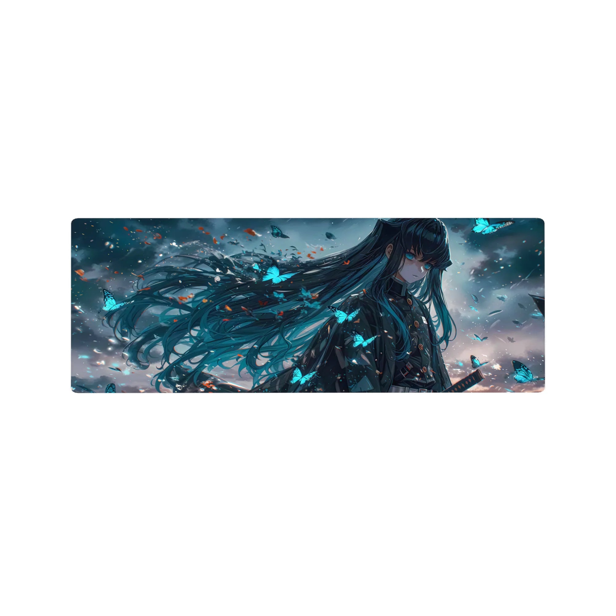 Anime mouse pad 32x12 inches featuring Demon Slayer character with teal and midnight hair and glowing butterflies.