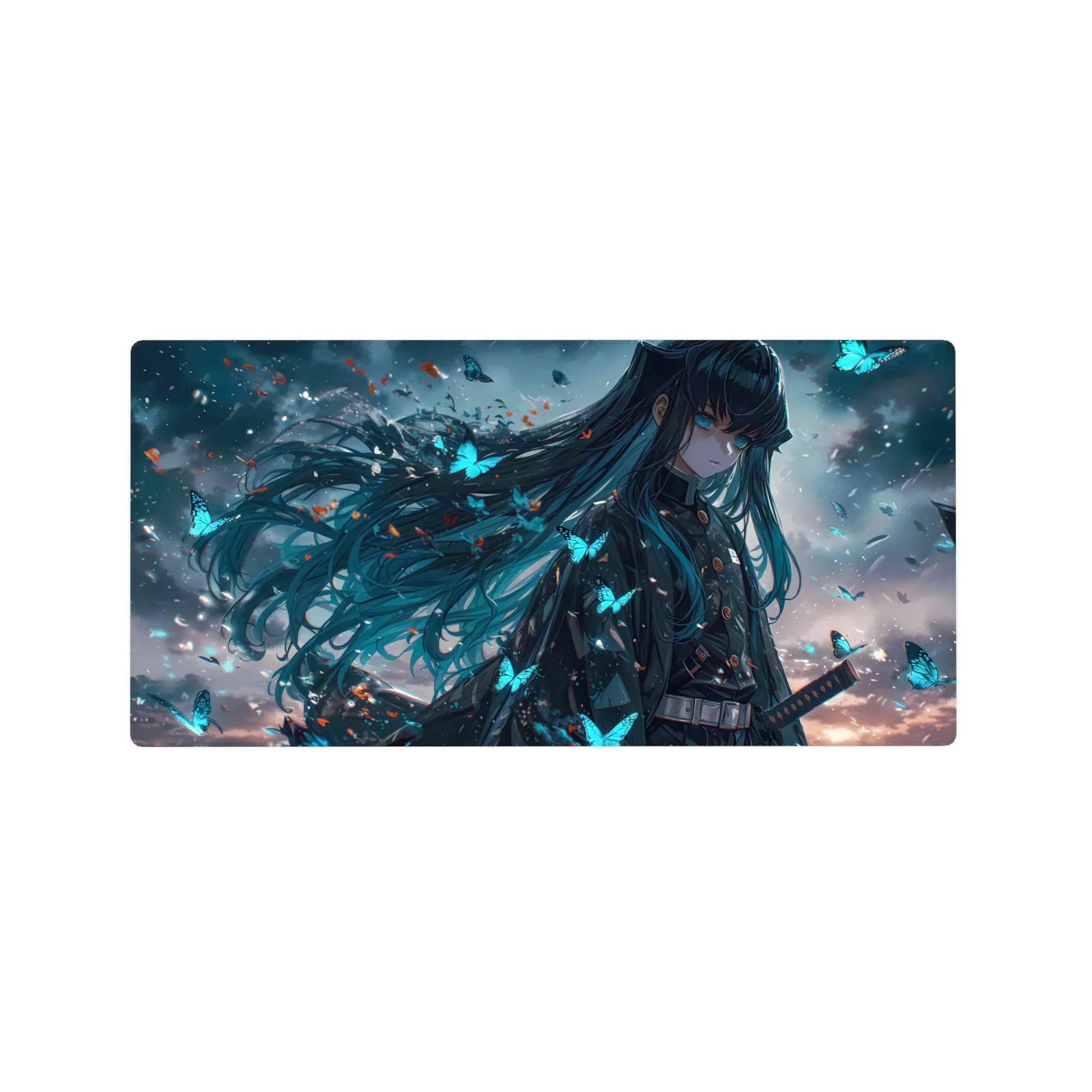 Anime mouse pad featuring Demon Slayer art with stormy skies and glowing butterflies, size 32x16 inches.