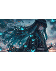 40x20 inch anime desk pad featuring a mysterious character from Demon Slayer, teal and midnight shades, glowing butterflies.