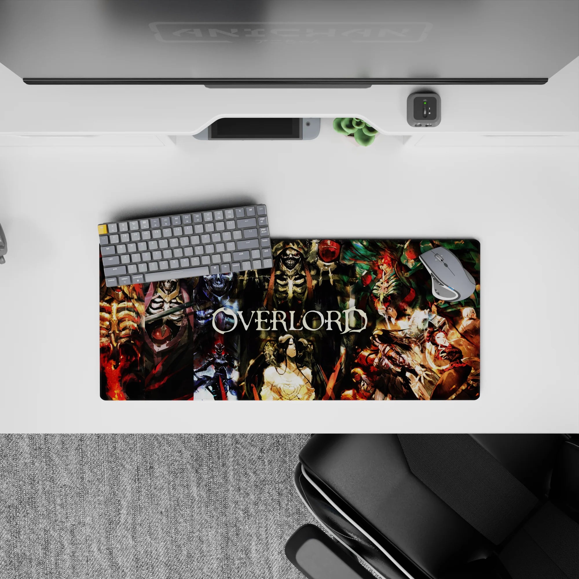 Anime mouse pad 28x12 inches featuring Ainz Ooal Gown from Overlord, with Albedo, Demiurge, Shalltear, and Guardians.