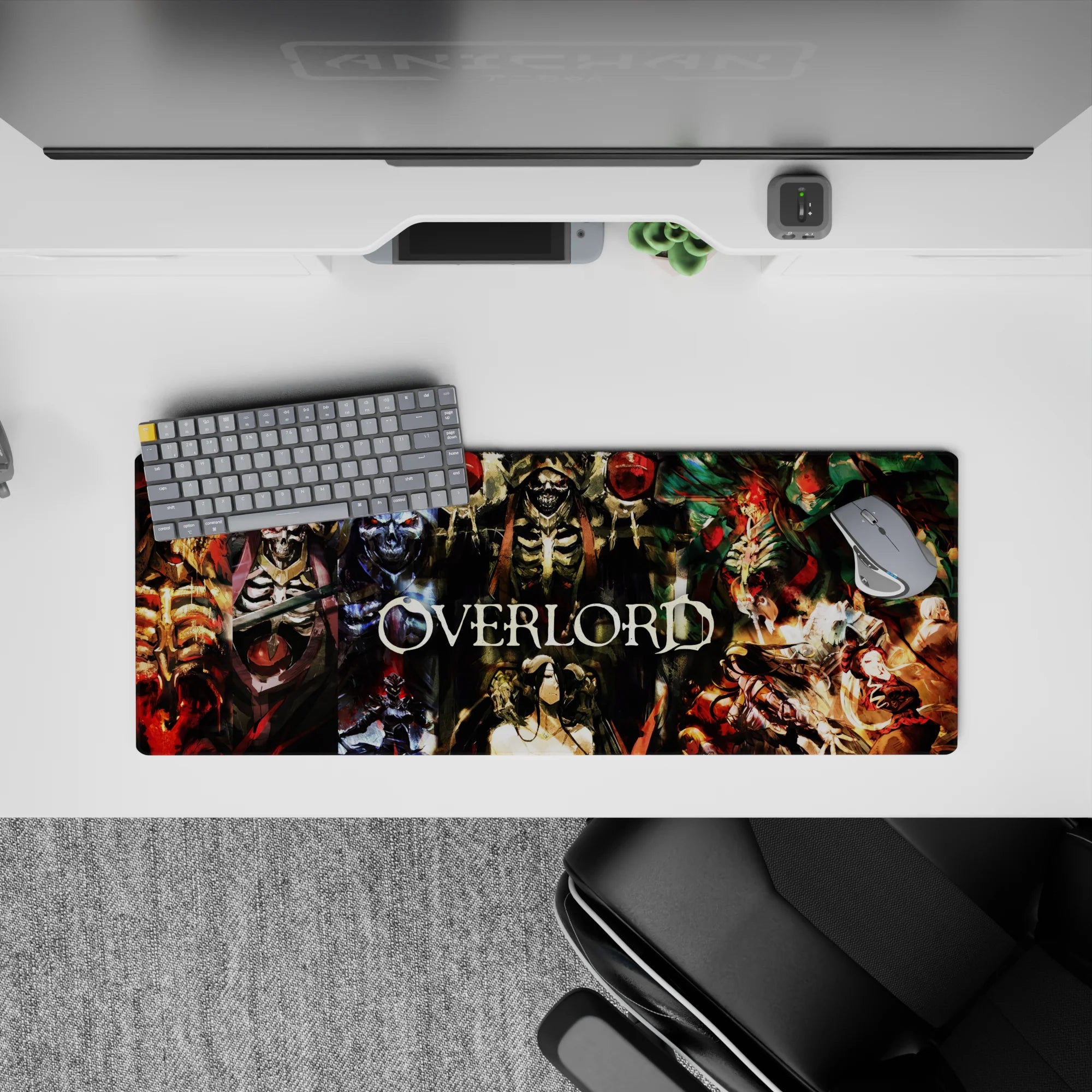 Anime mouse pad 32x12 inches featuring Ainz Ooal Gown and characters from Overlord in a dynamic, power-infused design.