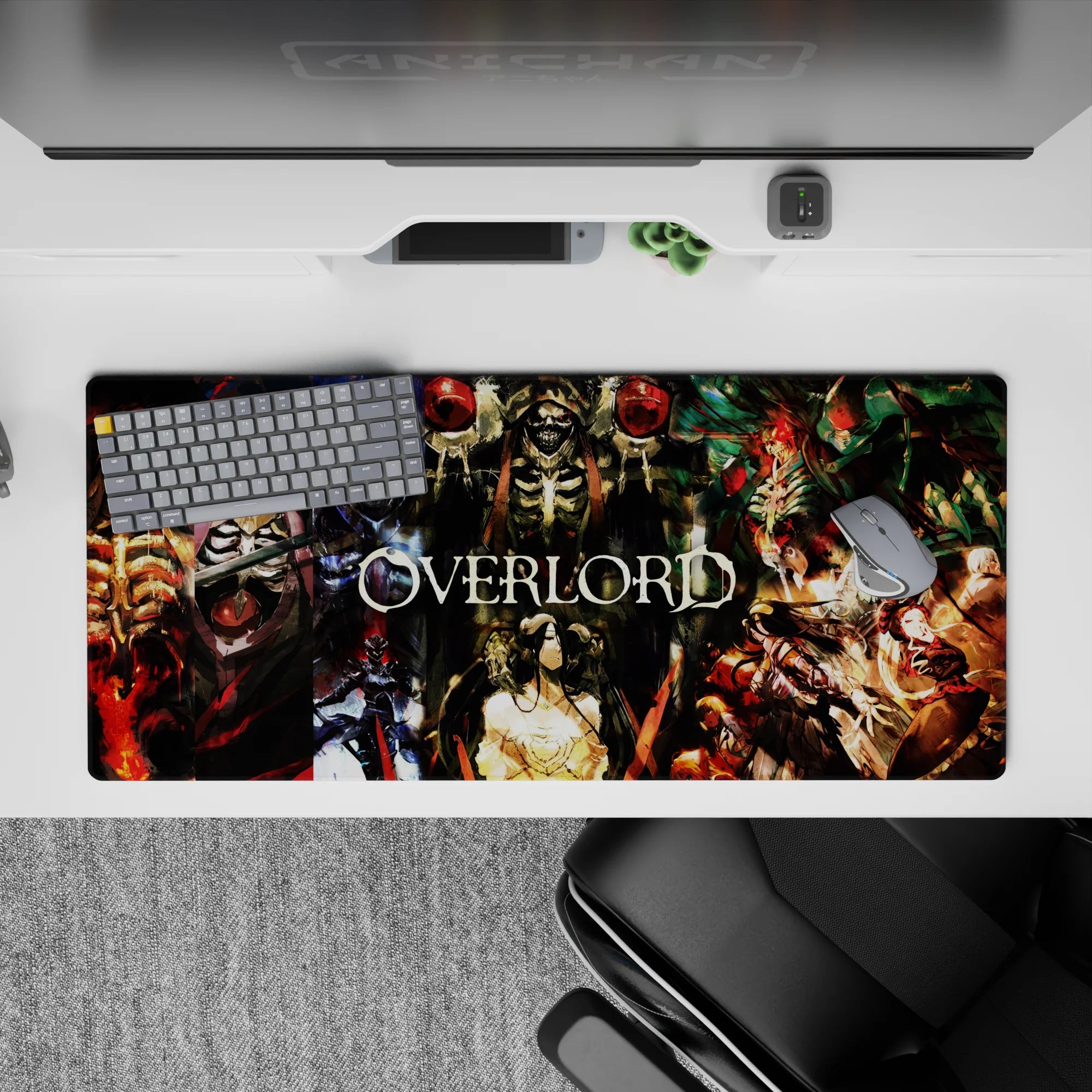 Overlord anime desk pad 36x16 inches featuring Ainz Ooal Gown, Albedo, Demiurge, and Shalltear in vivid crimson and jade.