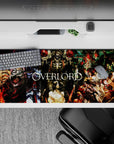 Overlord anime desk pad 36x16 inches featuring Ainz Ooal Gown, Albedo, Demiurge, and Shalltear in vivid crimson and jade.