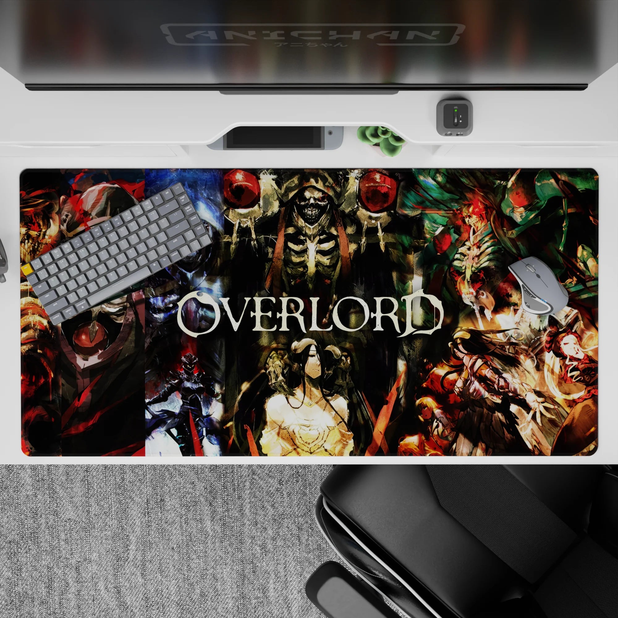 Overlord anime desk pad 40x20 inches featuring Ainz Ooal Gown, Albedo, Demiurge, and Shalltear in bold colors.