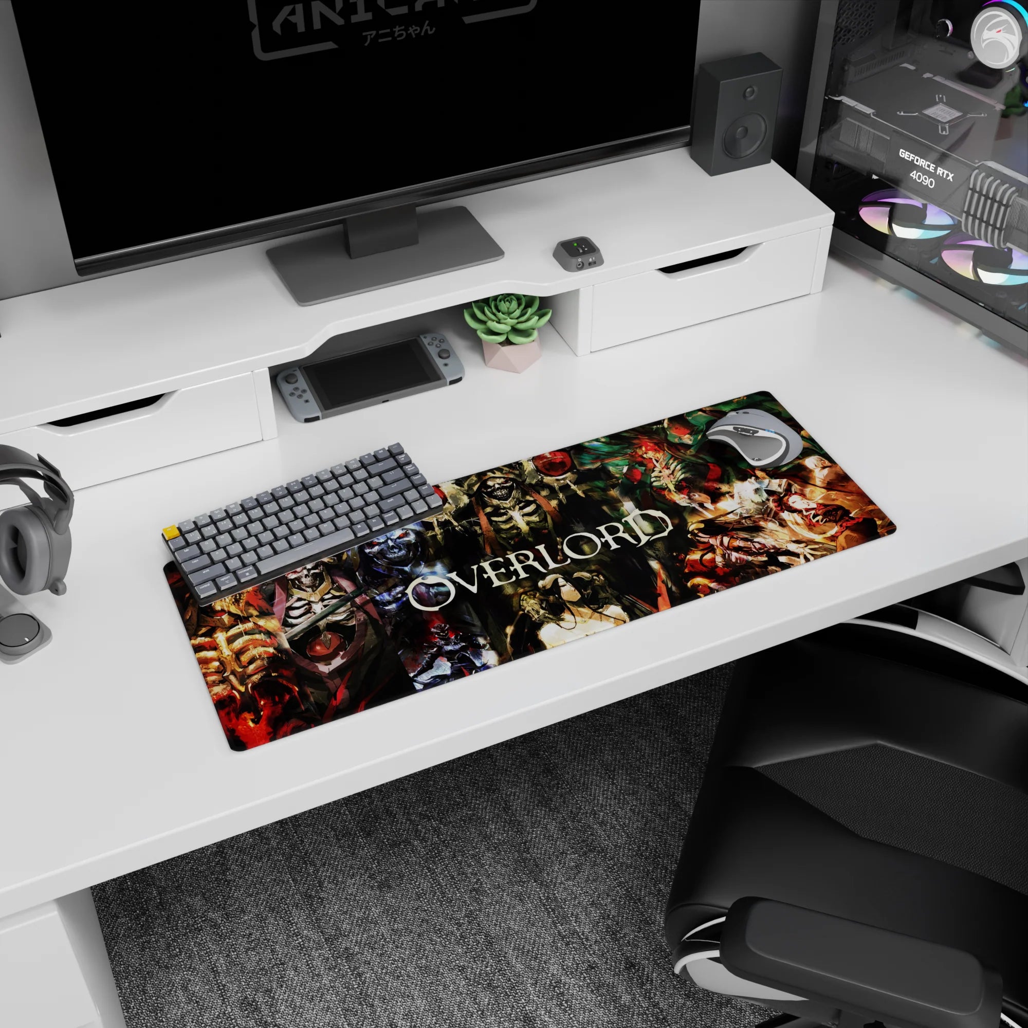 Anime mouse pad 32x12 inches featuring Ainz Ooal Gown from Overlord with Albedo, Demiurge, and Shalltear in vibrant colors.