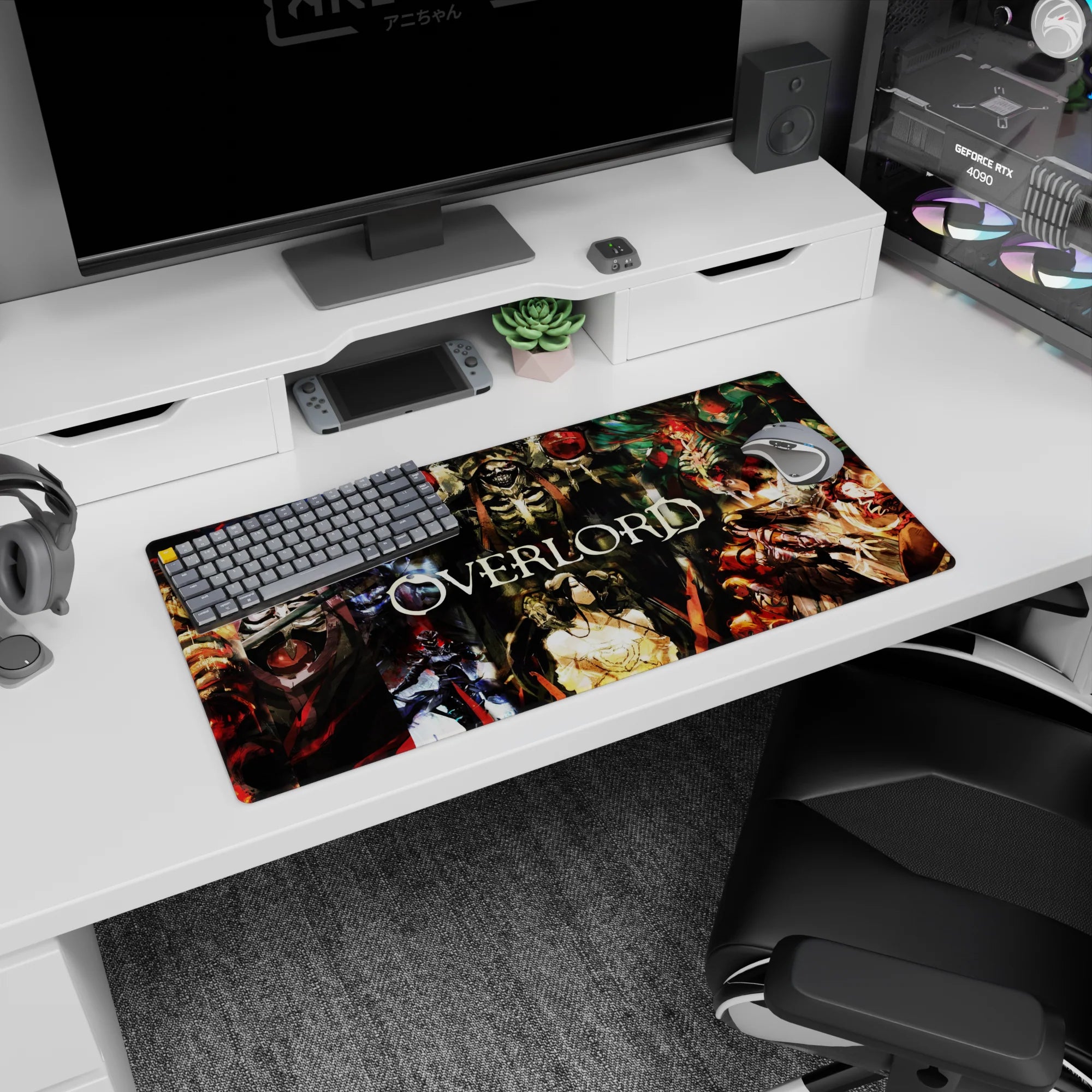 Anime mouse pad 32x16 inches featuring Ainz Ooal Gown, Albedo, Demiurge, and Shalltear from Overlord in vibrant colors.