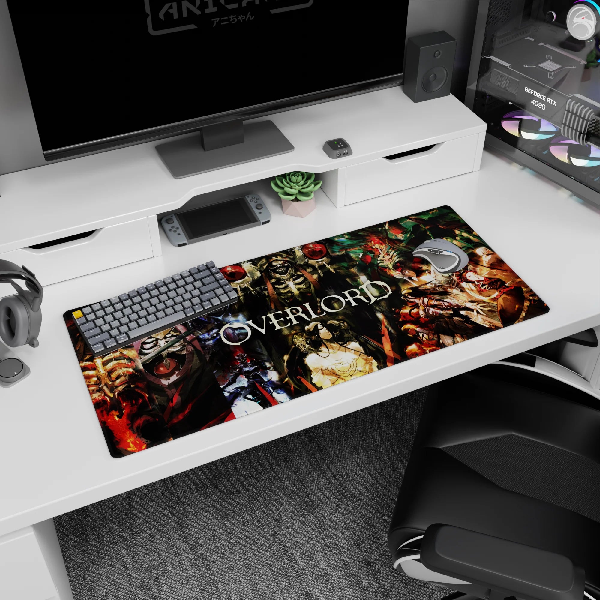 Overlord desk pad 36x16 inches featuring Ainz Ooal Gown, Albedo, Demiurge, and Shalltear in vivid crimson and jade tones.
