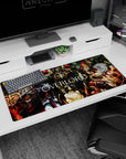 Overlord desk pad 36x16 inches featuring Ainz Ooal Gown, Albedo, Demiurge, and Shalltear in vivid crimson and jade tones.