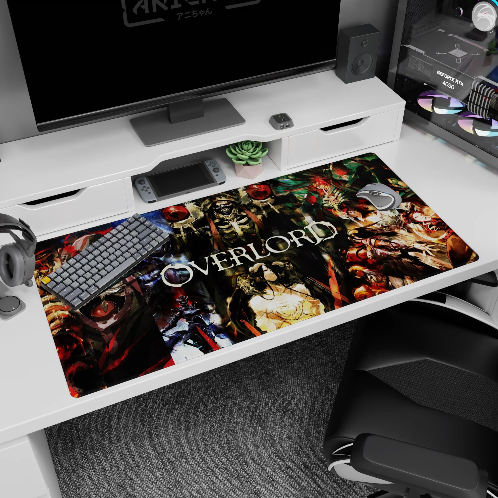 Anime desk pad featuring Ainz Ooal Gown from Overlord, 40x20 inches, with Albedo, Demiurge, and Shalltear in vivid colors.