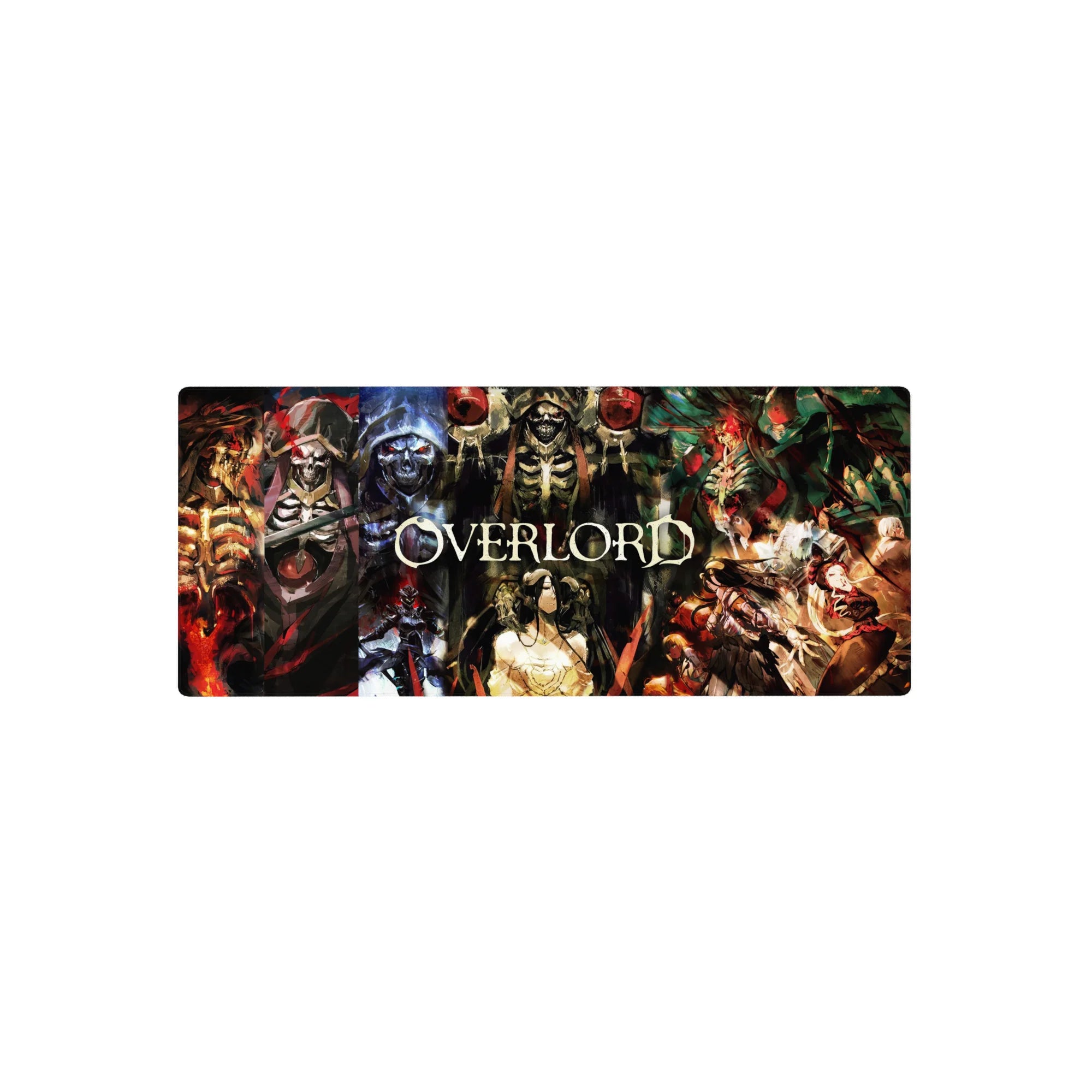 Anime mouse pad 28x12 inches featuring Ainz Ooal Gown and Guardians from Overlord, vibrant in crimson and jade hues.