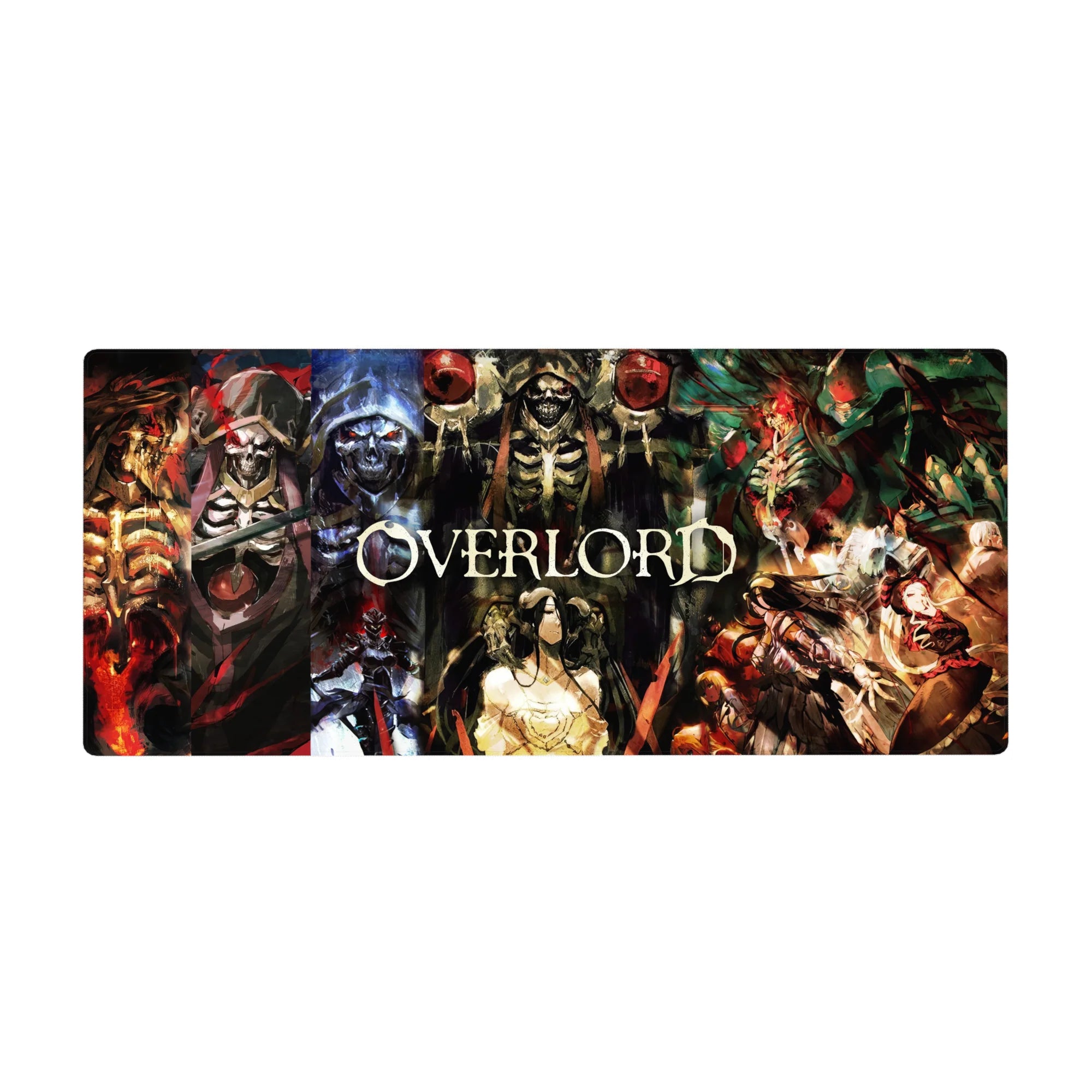 Anime desk pad 36x16 inches featuring Ainz Ooal Gown, Albedo, Demiurge, and Shalltear from Overlord in powerful design.