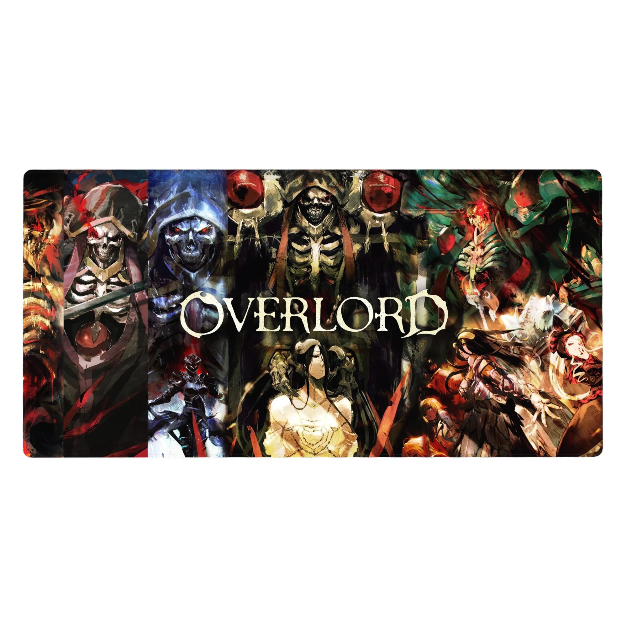 Overlord anime desk pad 40x20 inches featuring Ainz Ooal Gown, Albedo, Demiurge, and Shalltear in vibrant colors.