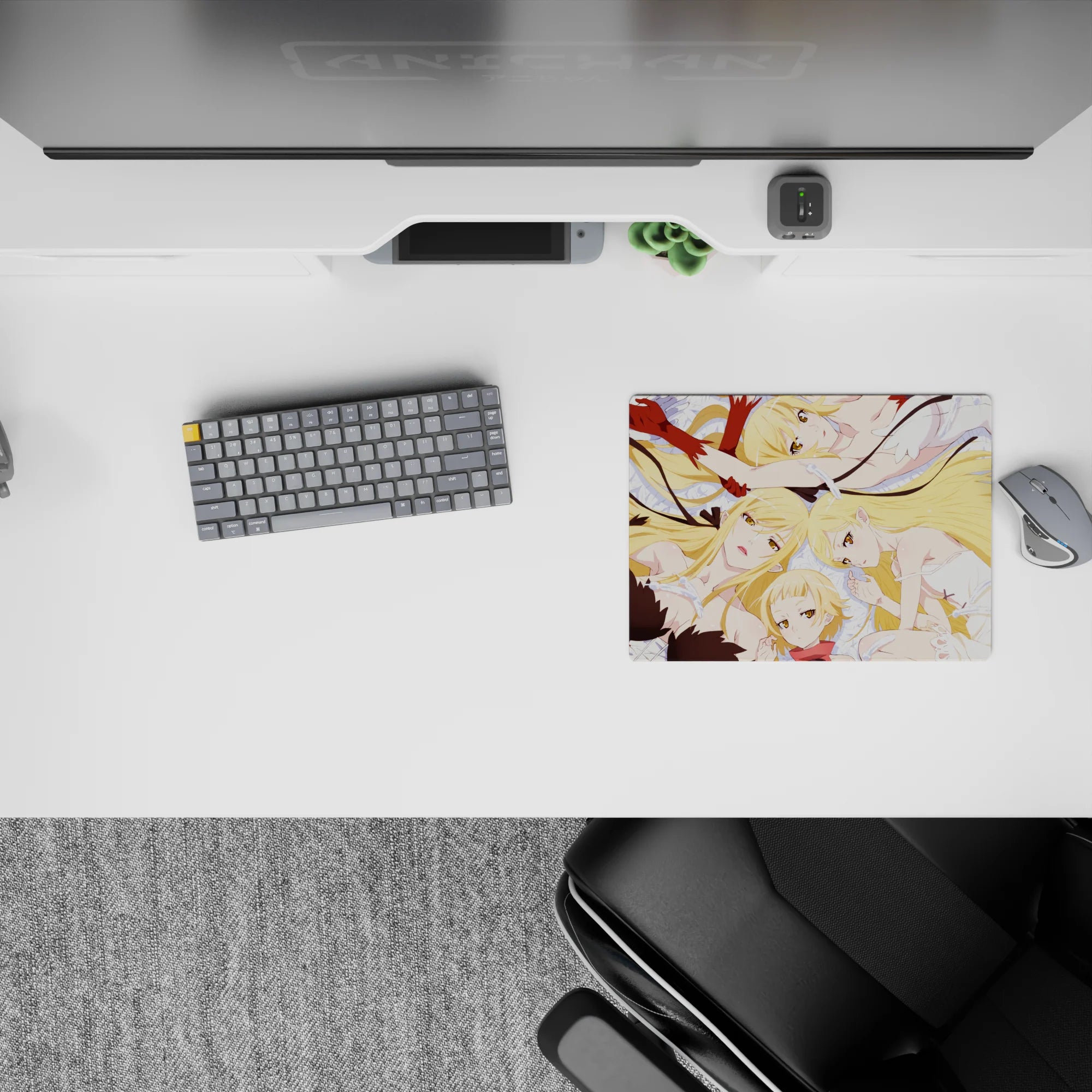 Soft pastel anime mouse pad 14x10 inches in creamy white and pale blue with warm golden hair glow.