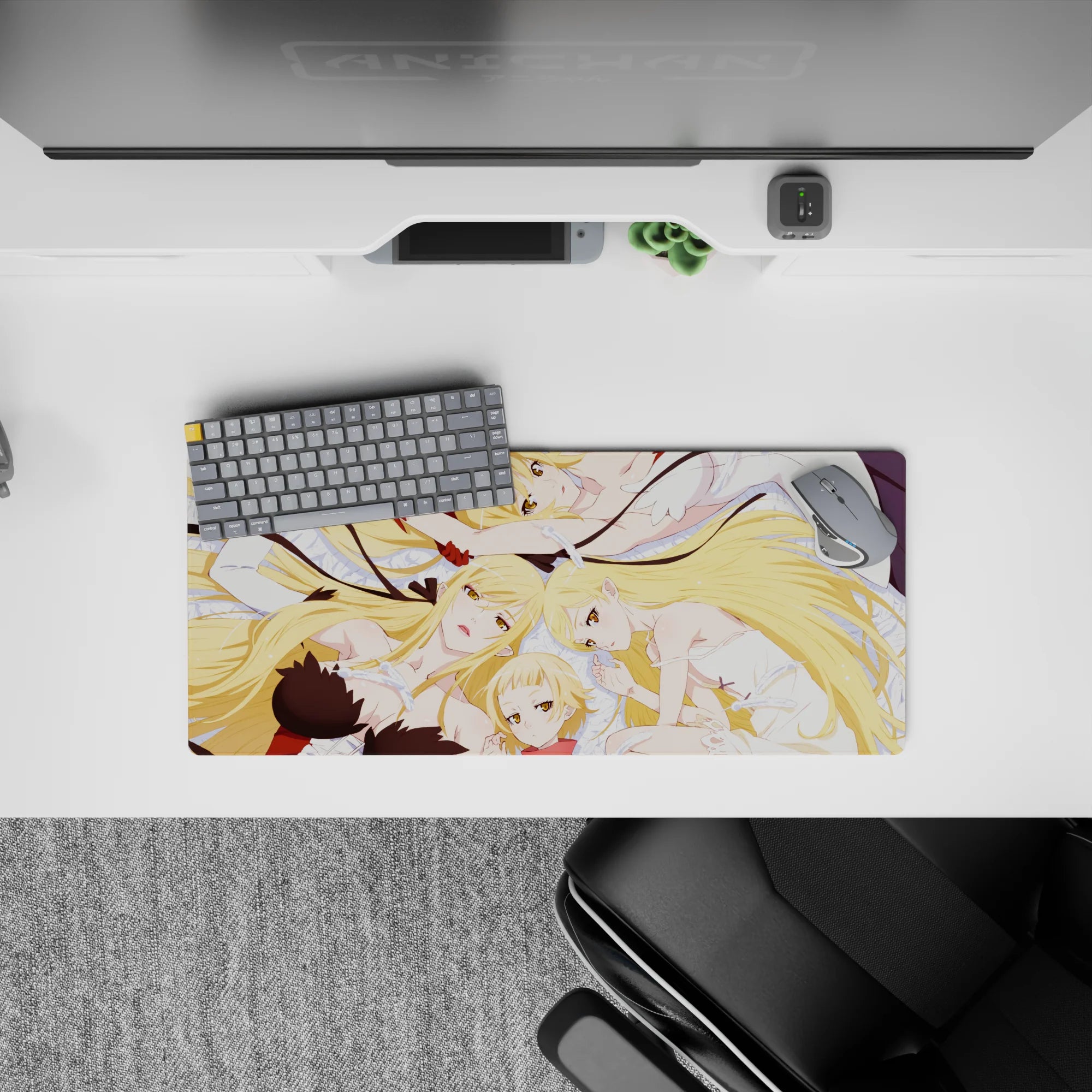 28x12 inches mouse pad in creamy whites and pale blues with warm golden hair, cozy soft vibe.