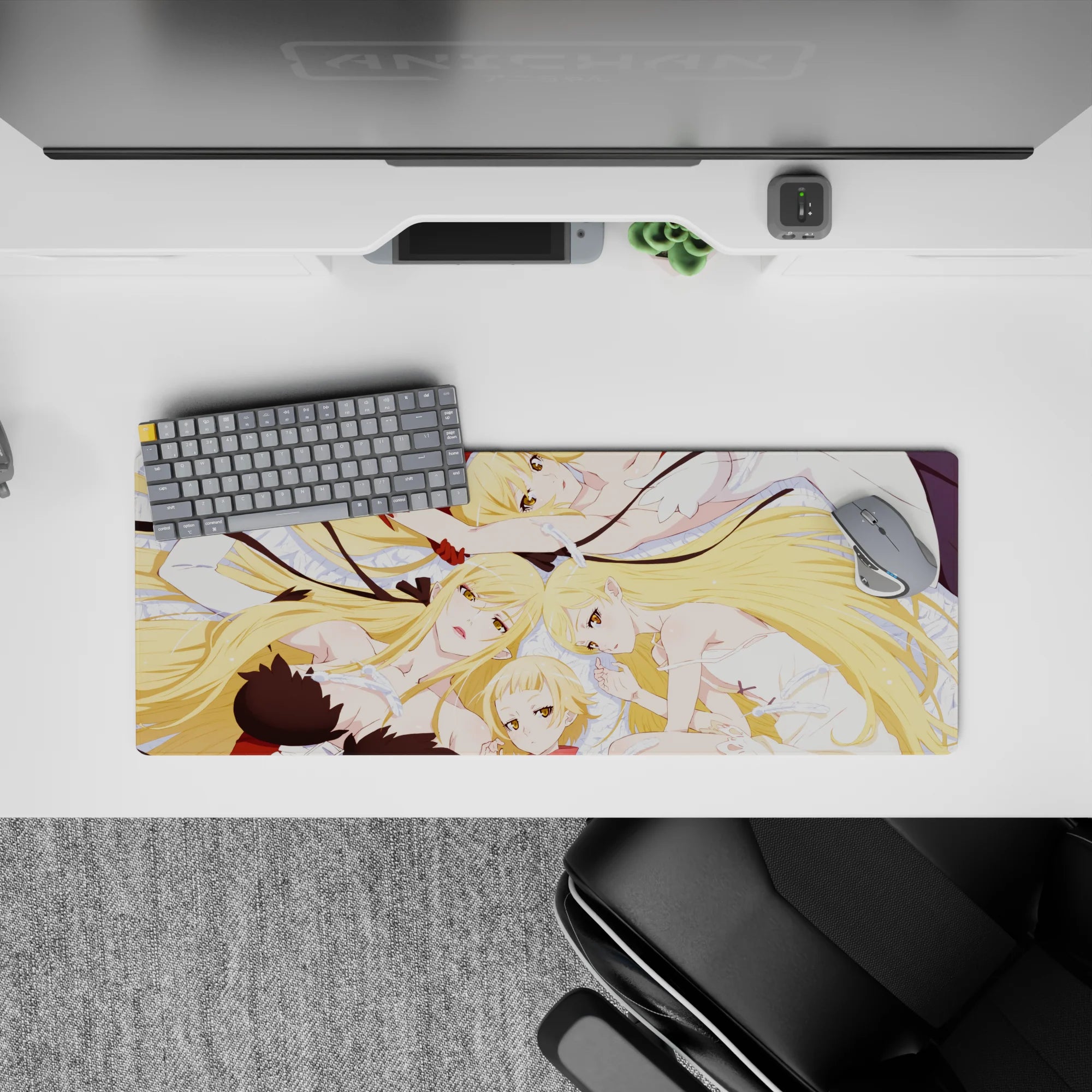 32x12 inches pastel mouse pad in creamy whites and pale blues with warm golden hair, soft cozy vibe.