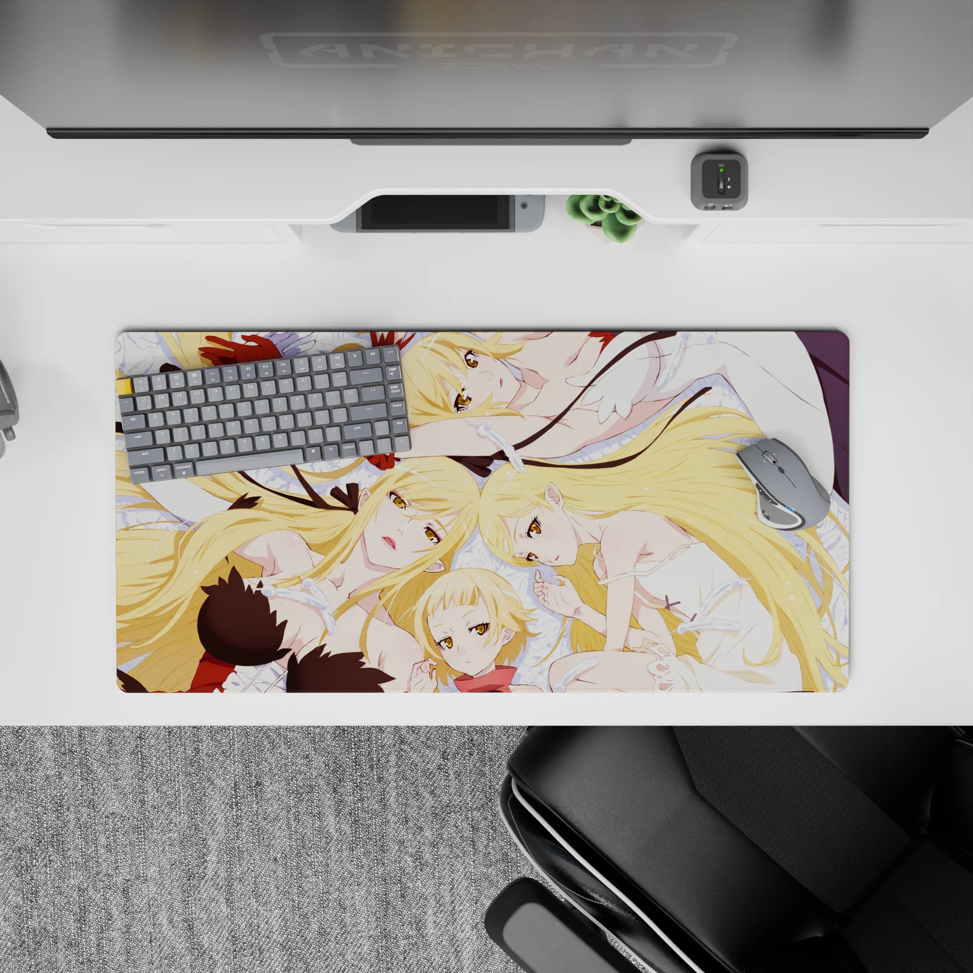 32x16 inches anime mouse pad in creamy white and pale blue with warm golden hair, soft cozy vibe.