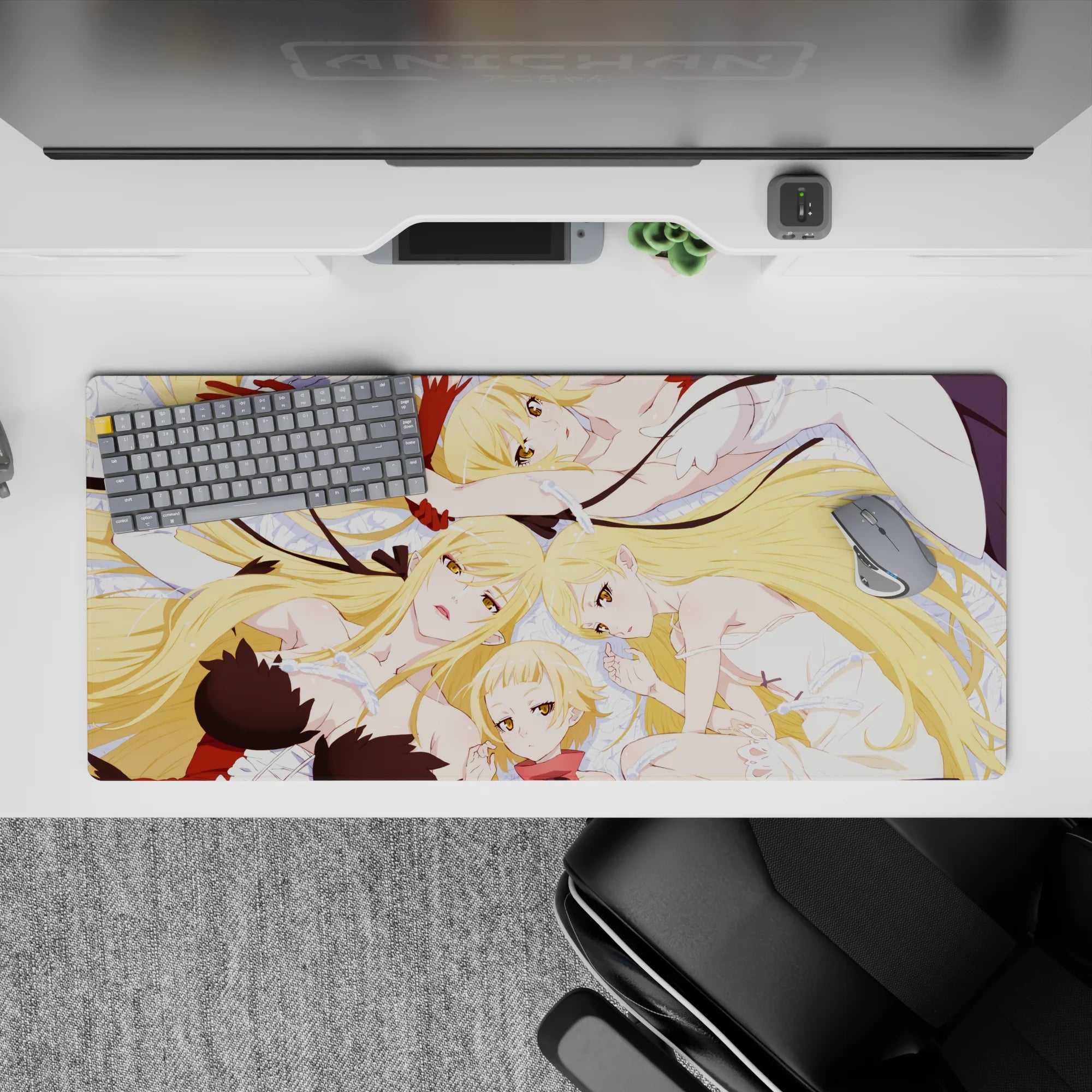 36x16 inches desk mat in creamy whites and pale blues with warm golden hair, soft cozy vibe.