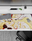 36x16 inches desk mat in creamy whites and pale blues with warm golden hair, soft cozy vibe.