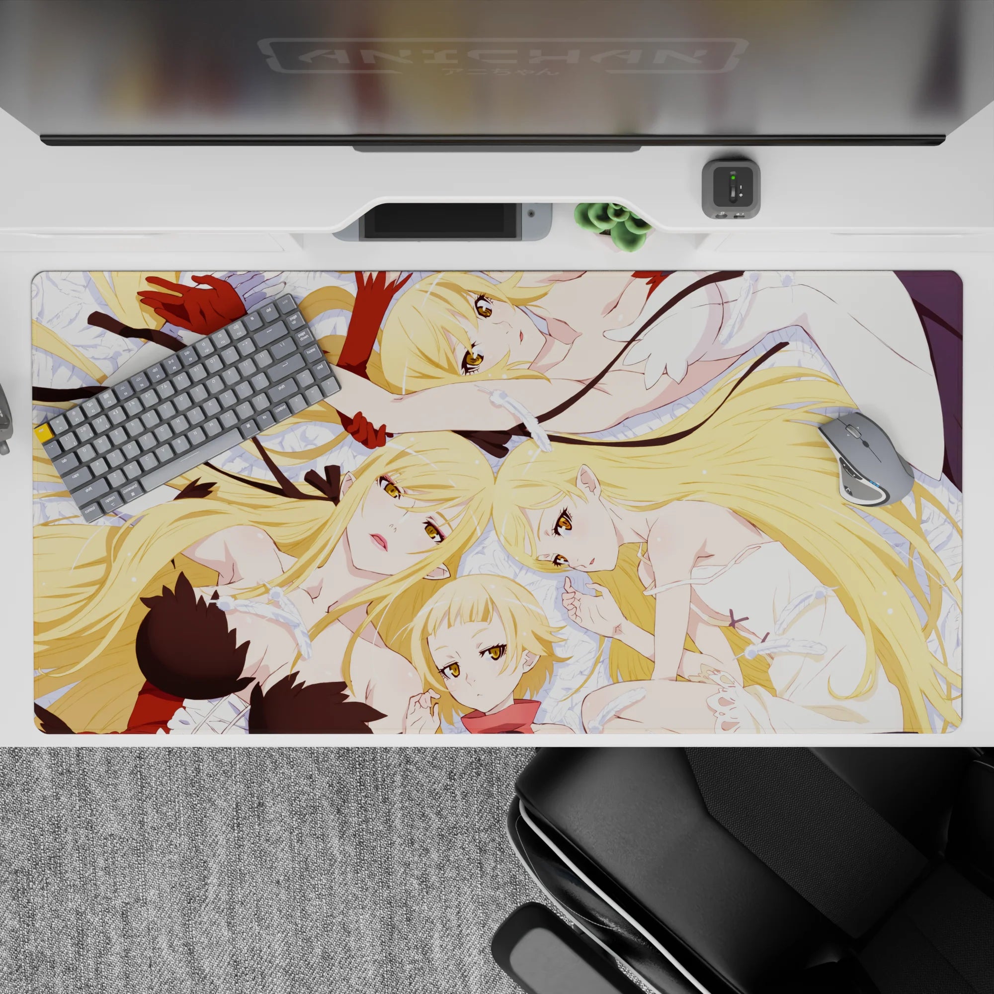 Soft pastel anime desk pad 40x20 inches in creamy white and pale blue, warm golden tones, cozy vibe.