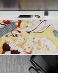 Soft pastel anime desk pad 40x20 inches in creamy white and pale blue, warm golden tones, cozy vibe.