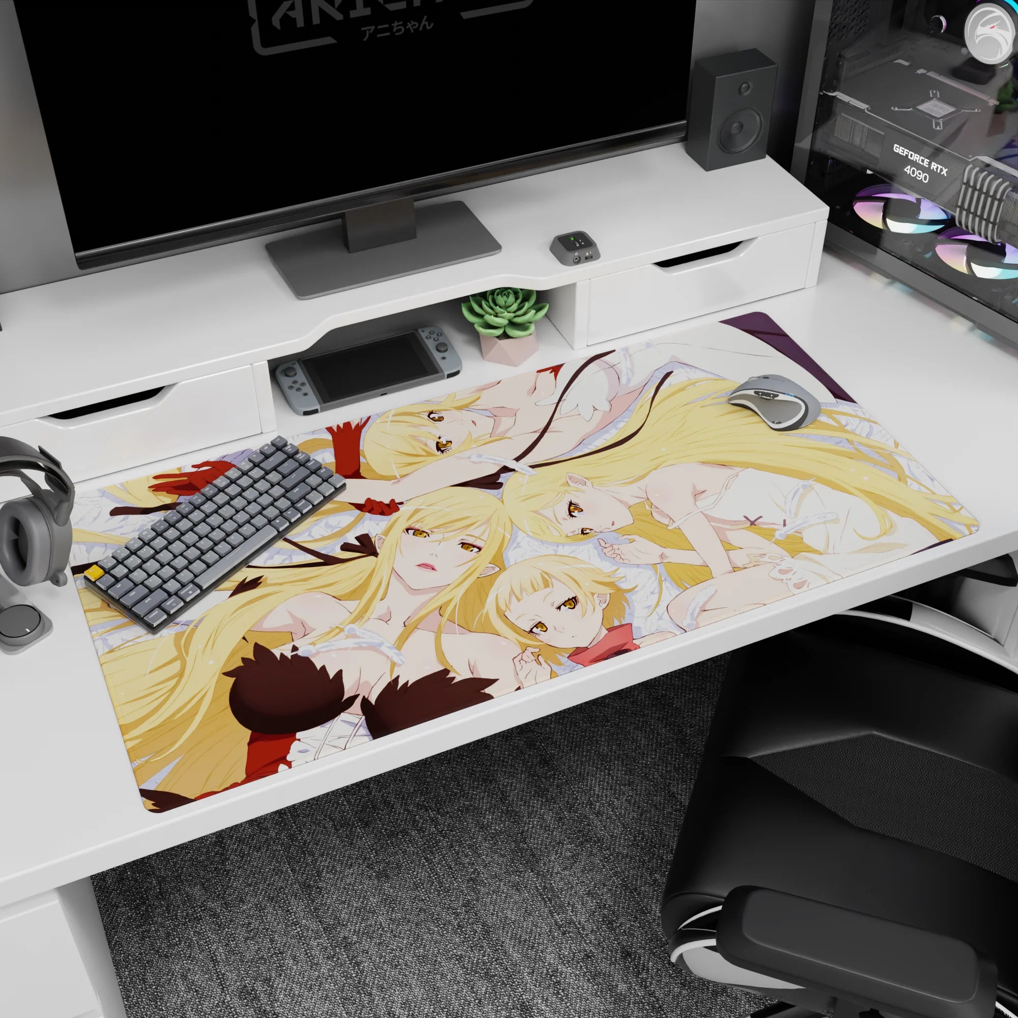Elizabeth Liones and Elaine anime desk pad 40x20 inches, soft poses on silky swirl background.