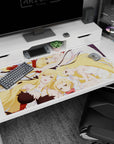Elizabeth Liones and Elaine anime desk pad 40x20 inches, soft poses on silky swirl background.