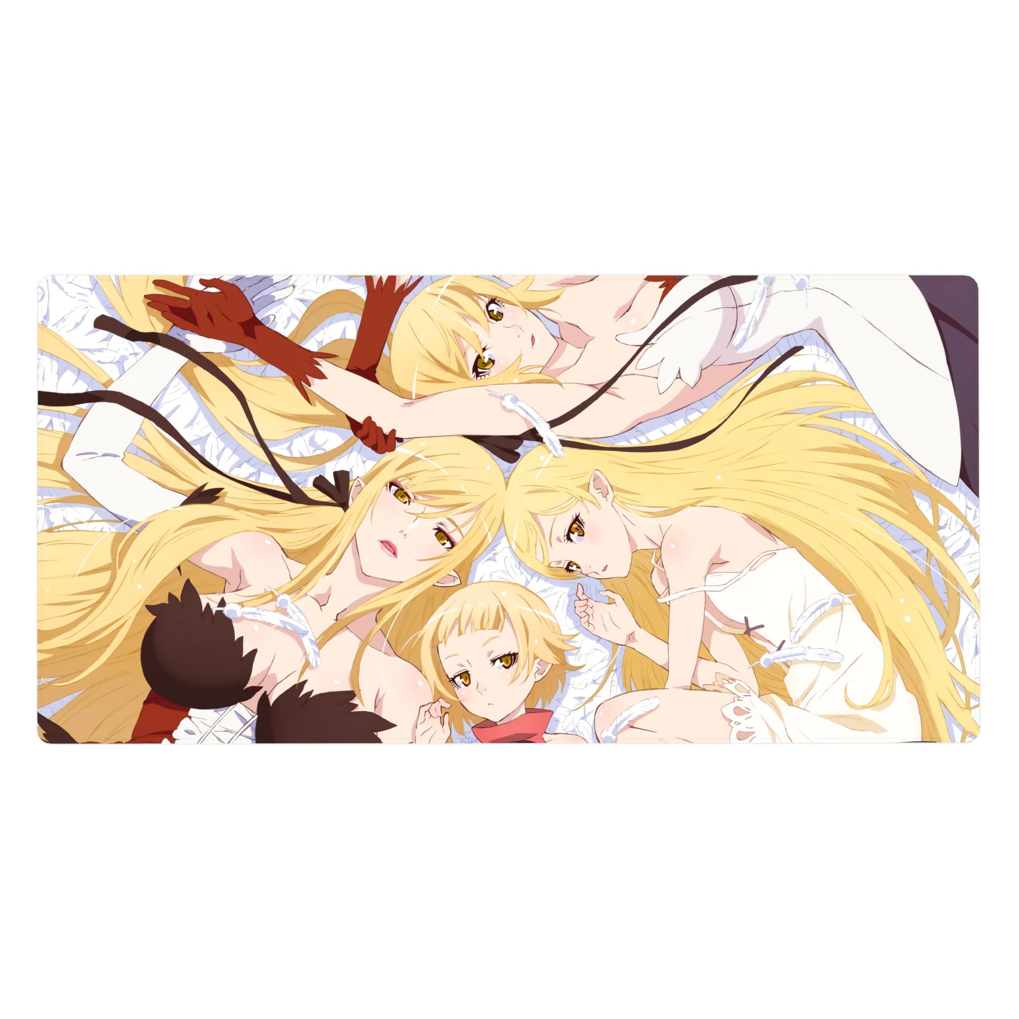 Anime girl desk pad 40x20 inches with dreamy duo, lace and ribbon accents, smooth mouse glide.